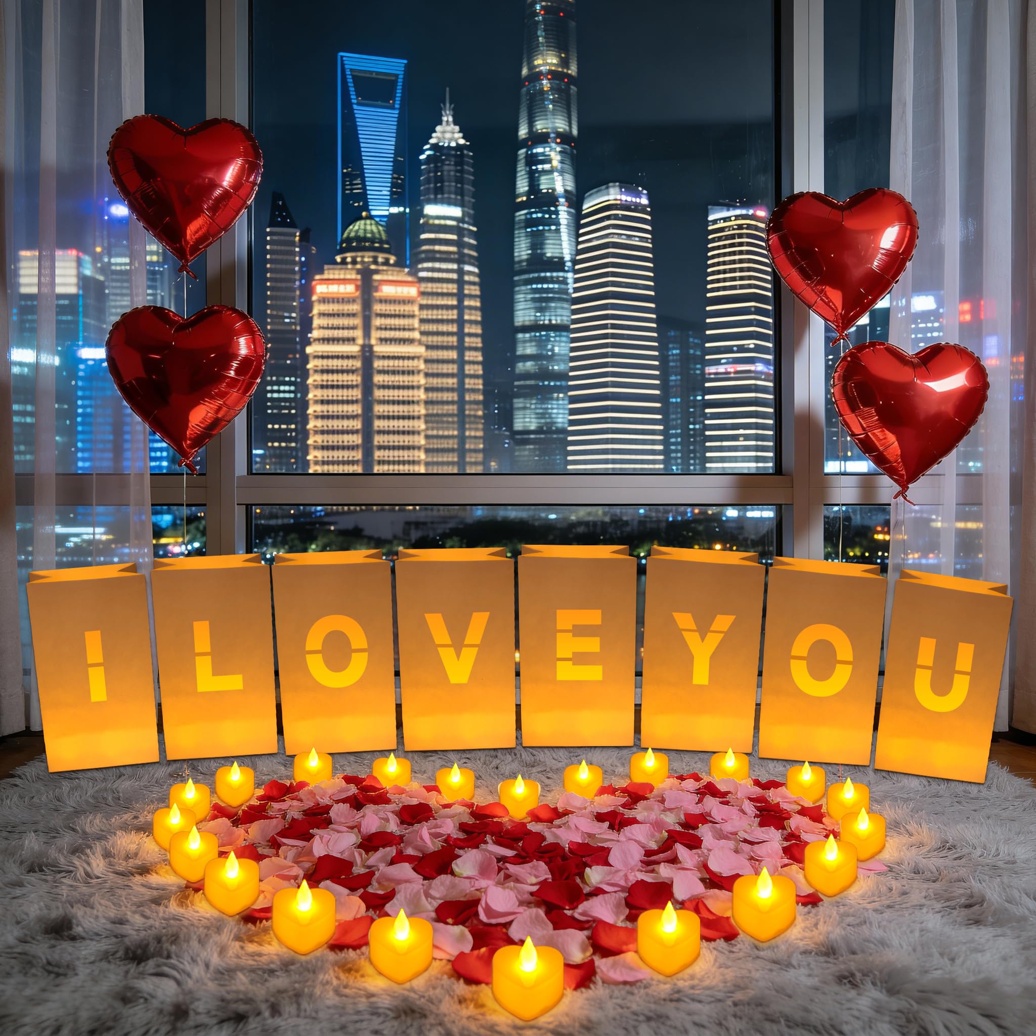 LACGO Valentines Decorations,I Love You Sign,Light Up Letters with 8pcs Luminary Bags,24pcs Tea Lights,1000pcs Red&Pink Rose Petals,I Love You Banner,Surprise Set for Women and Men