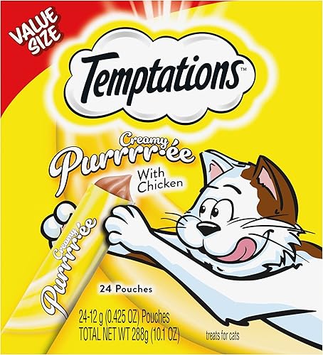 Temptations Puré cremoso con pollo, golosinas para gatos lamibles, bolsas de 0.42 onzas, 24 unidades