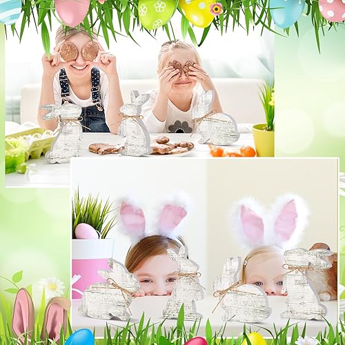 Miniatura 5 de Bememo 6 letreros de madera de conejo de Pascua, adorno de conejo de madera con cuerdas, decoraciones clásicas de Pascua en forma de conejo rústico,