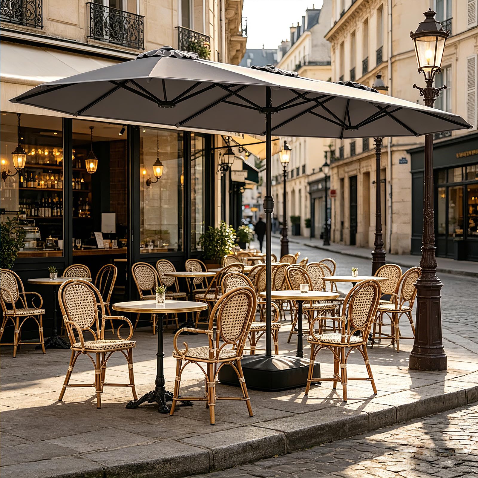 RELAX4LIFE Grand Parasol de Jardin Exterieur avec Pied, 4x2M Parasol Double pour Terrasse/Piscine/Marché, 12 Baleines Renforcées, Manivelle, Protection Solaire pour 6-8 Personnes (Gris)