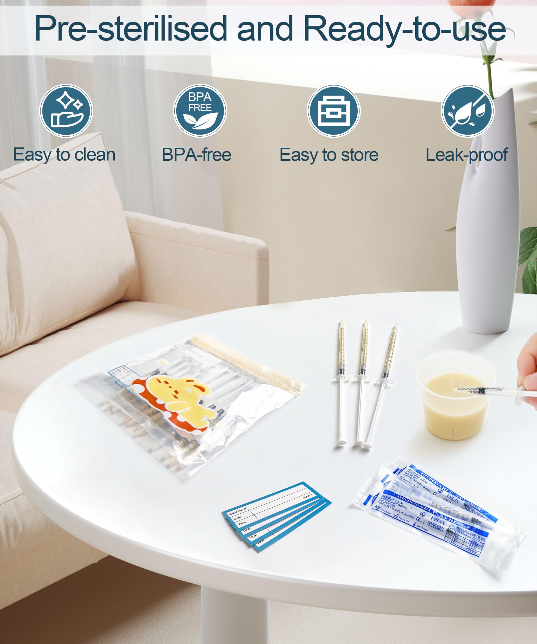 Jeringas de calostro de 1 ml, kit de colector de calostro que incluye calcomanías, 1 bolsa de almacenamiento para tazas medidoras, 100 juegos