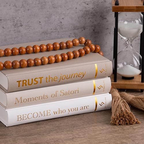 Miniatura 3 de Libros decorativos con impresión de lámina dorada, guirnalda de cuentas de madera y cordel, juego de 3, libros de imitación neutros para decoración