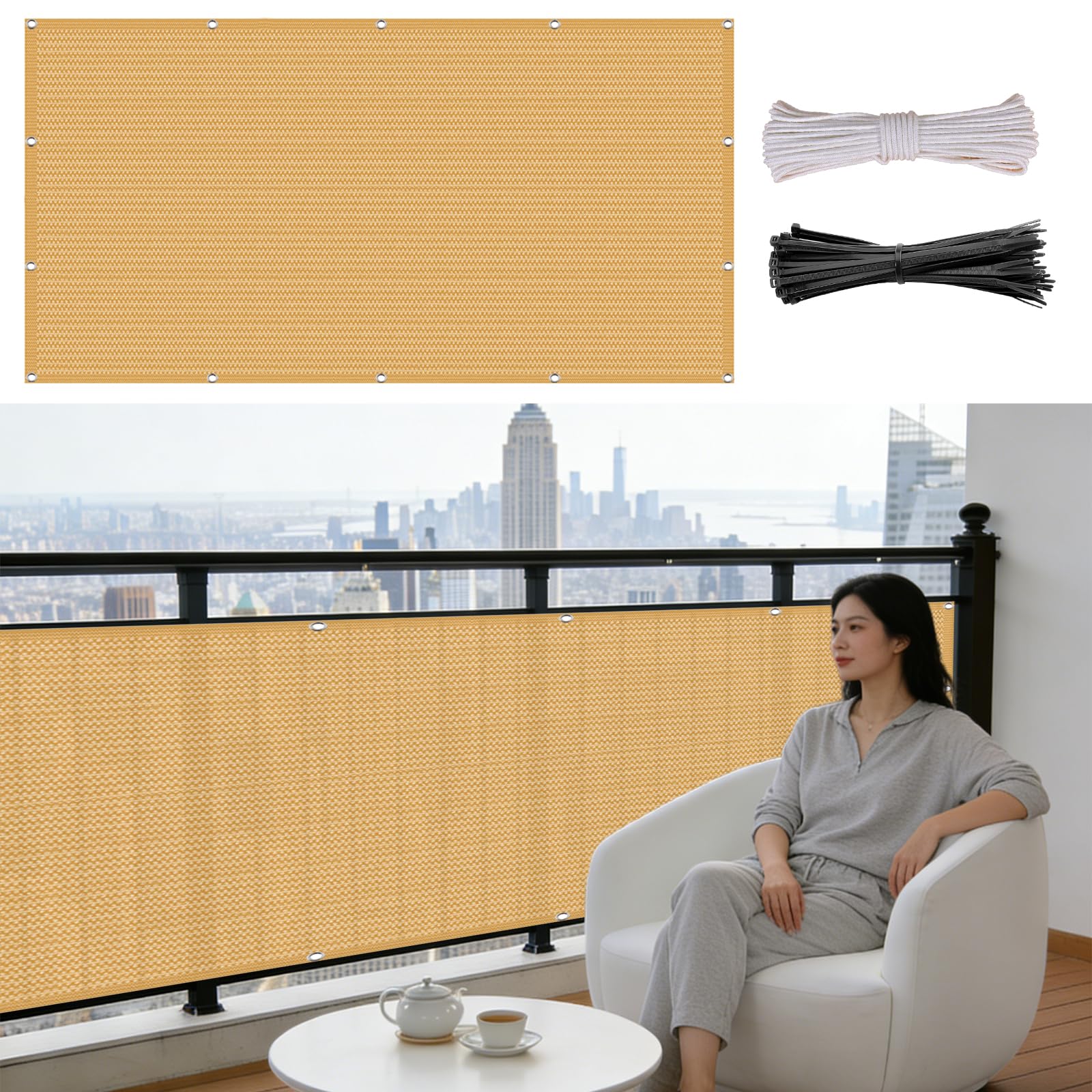Parawan Tarasowy 180 x 550 cm Z HDPE 220G M², Odporna Na Rozdarcia, Ochrona Przed Promieniowaniem Uv, Siatka Ogrodzeniowa, Wiatrochrony Na Patio, Piaskowy żółty