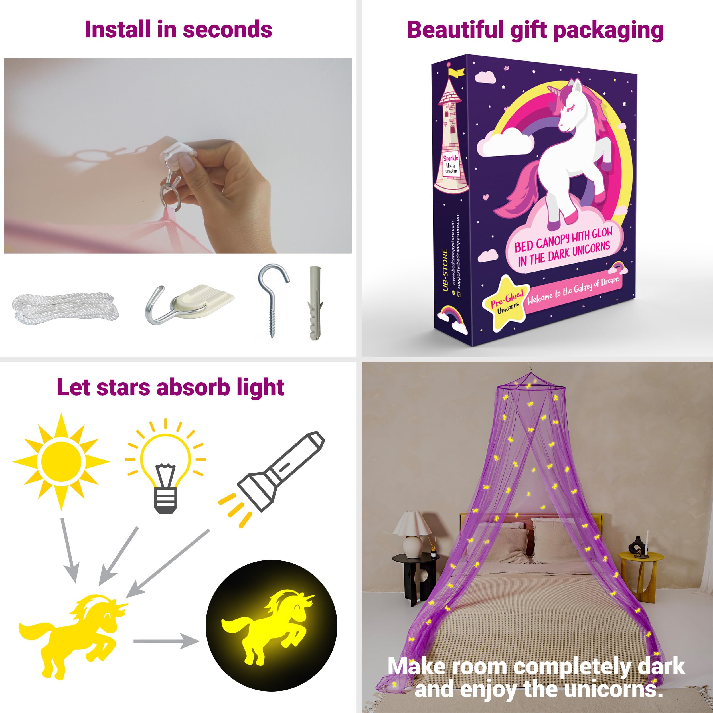 Purple Canopy for Girls Bed with Pre-Glued Glow in The Dark Unicorns, Princess Mosquito Net Room Decor - Image 4