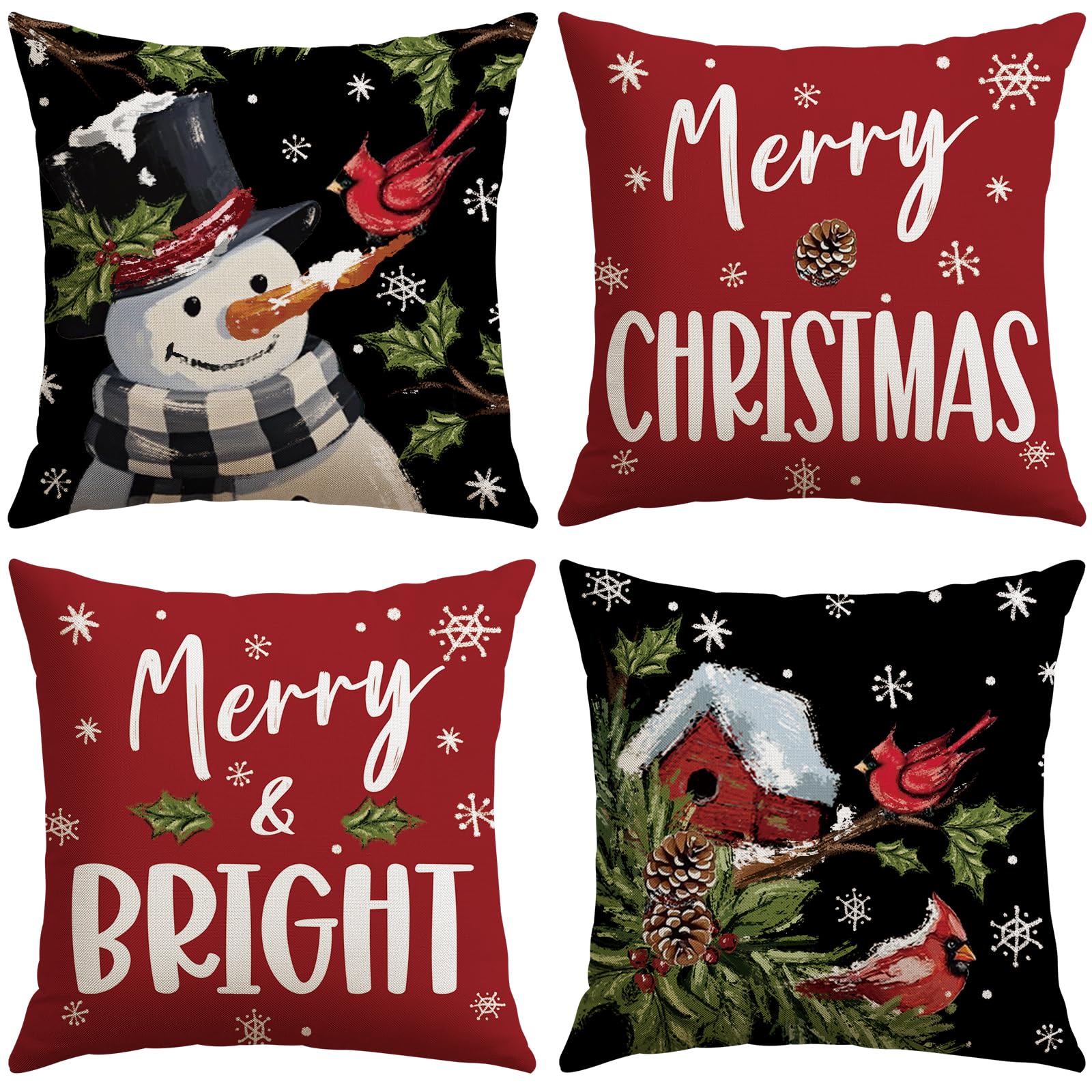 JOTOM Christmas Cushion Covers 50x50 cm Set of 4 Snowman Winter Red Bird Decorative Throw Pillow Covers Sofa Cushion Cases Xmas Decoration for Home Couch Bed Decor (Snowman Bird Red)
