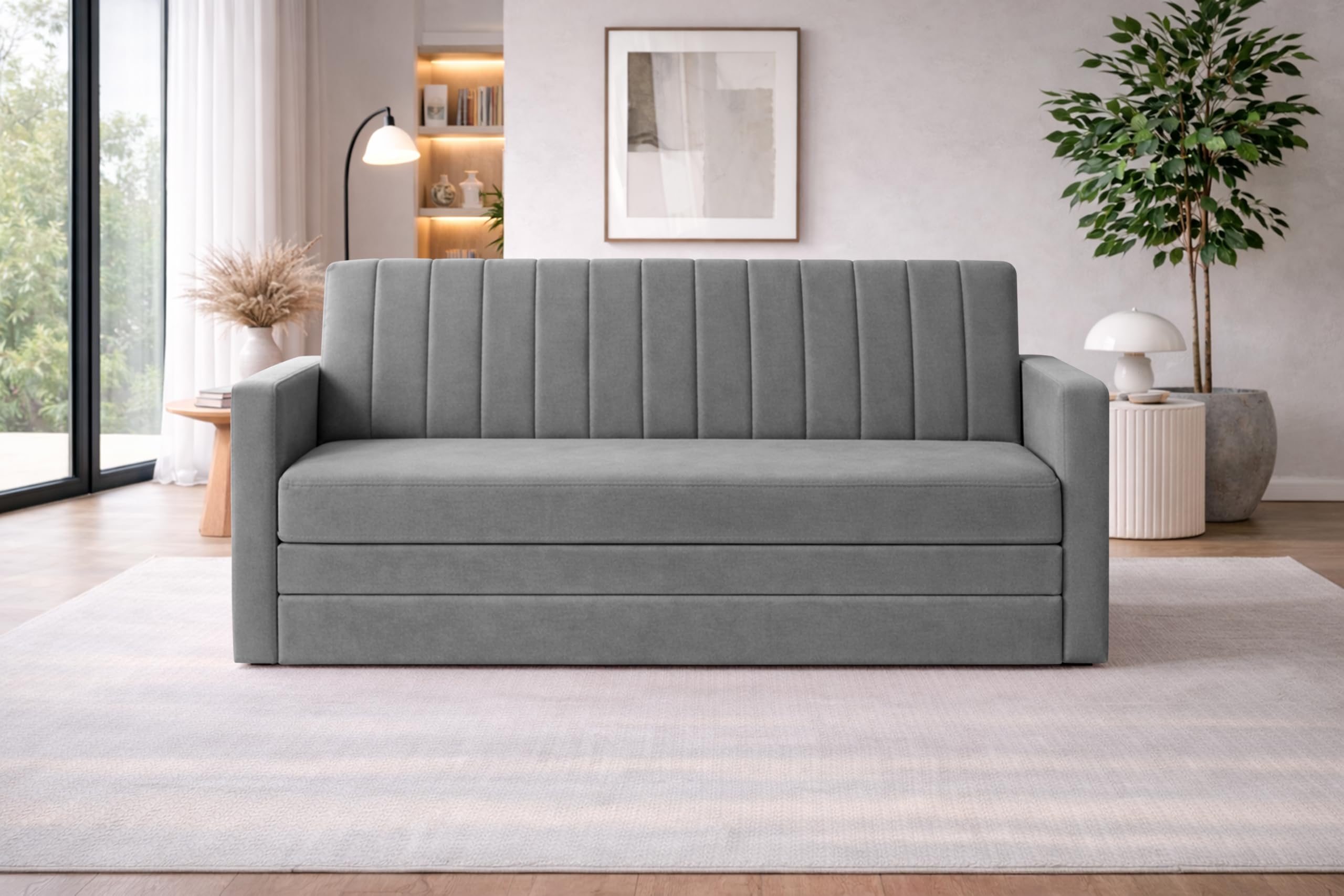 Rosebell Foldable Sofa-Cum-Bed | Three-in-One Convertible Couch with Armrest | Modern Velvet Fabric Sofa for Living Room, Bedroom & Office-Grey-Color-image-20