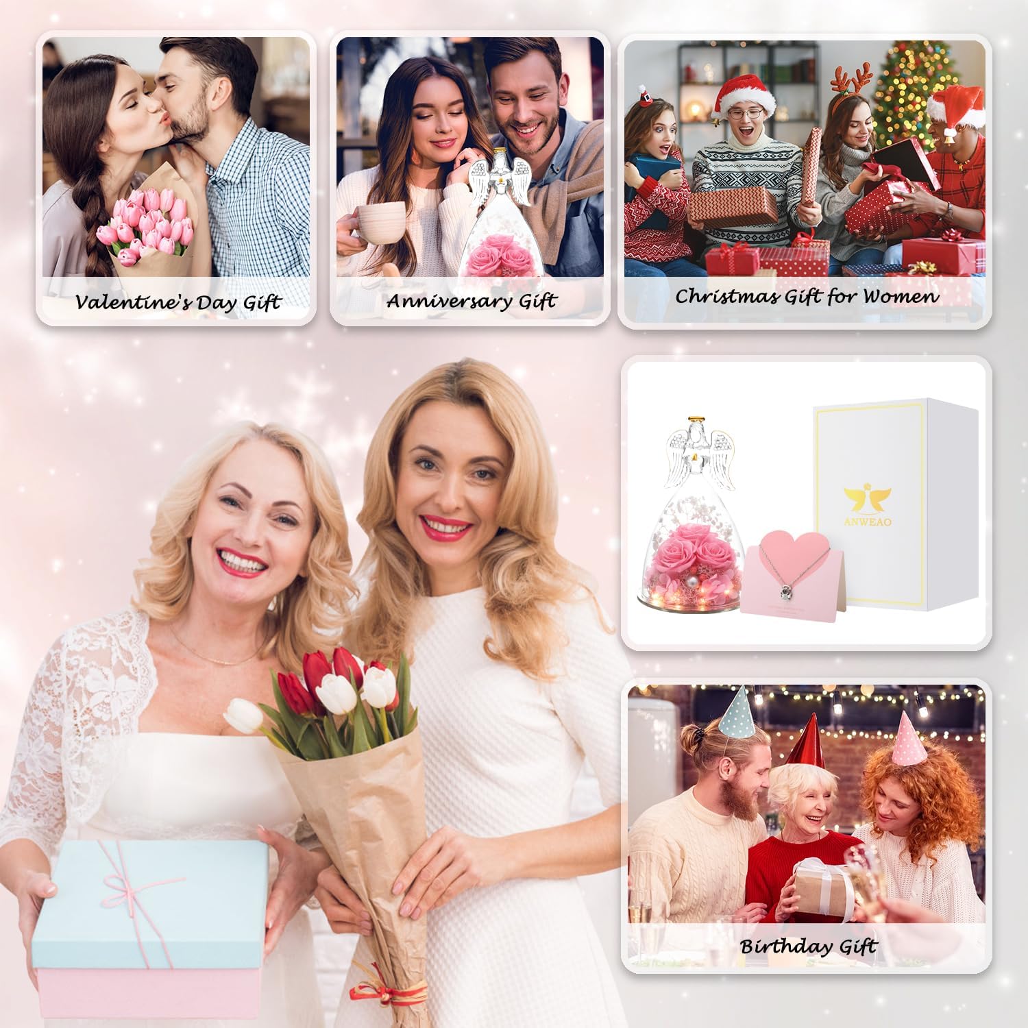 Christmas Angel Gifts for Women Gift for Mom,Preserved Real Rose in Glass Angel Figurines with Angel Necklace,Preserved Flower Birthday Gifts for Women Mom Wife Girlfriend for Thanksgiving Xmas Gift - Image 8