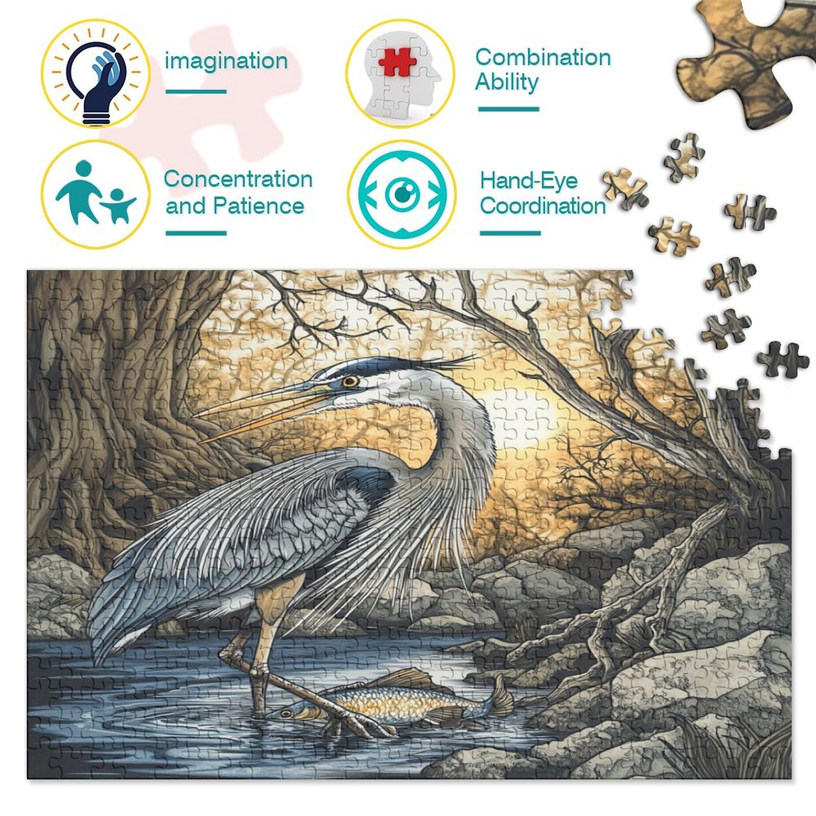 Puzzel 'Blauwe Reiger Op Het Water' – 1000 Stukjes Houten Puzzel Voor Volwassenen, 29,5 X 50 Cm, Kleurrijk En Uitdagend