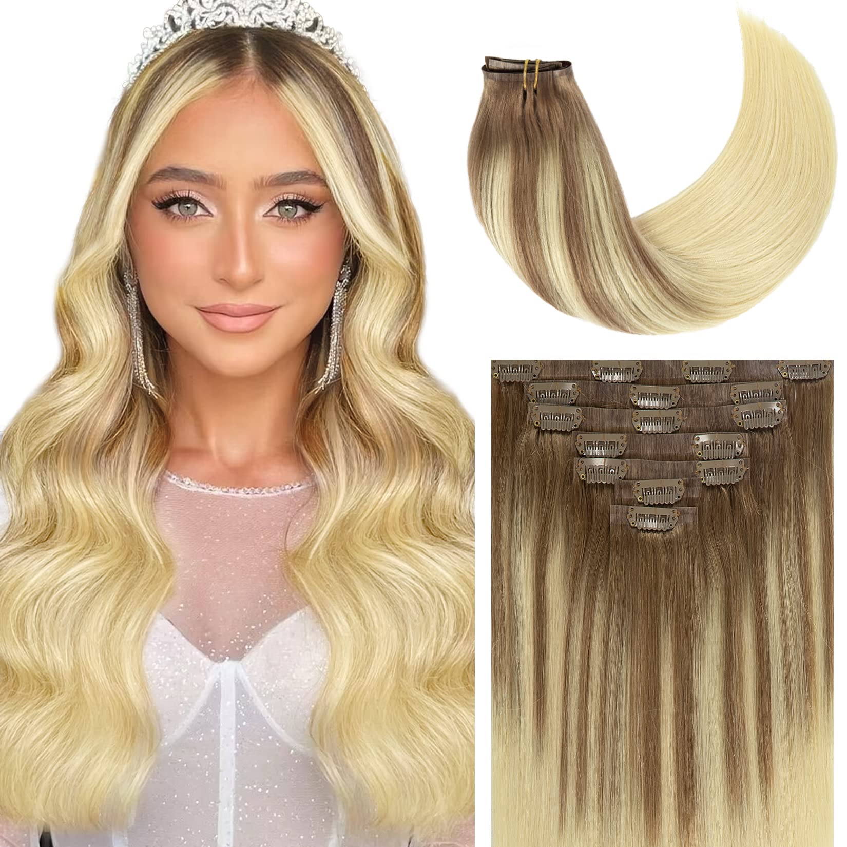Caliee PU Clip in Hair Extensions Real Human Hair 22Inch Soft Thick Straight Clip in Hair Extensions Human Hair B8/60A Light Brown to Platinum Blonde