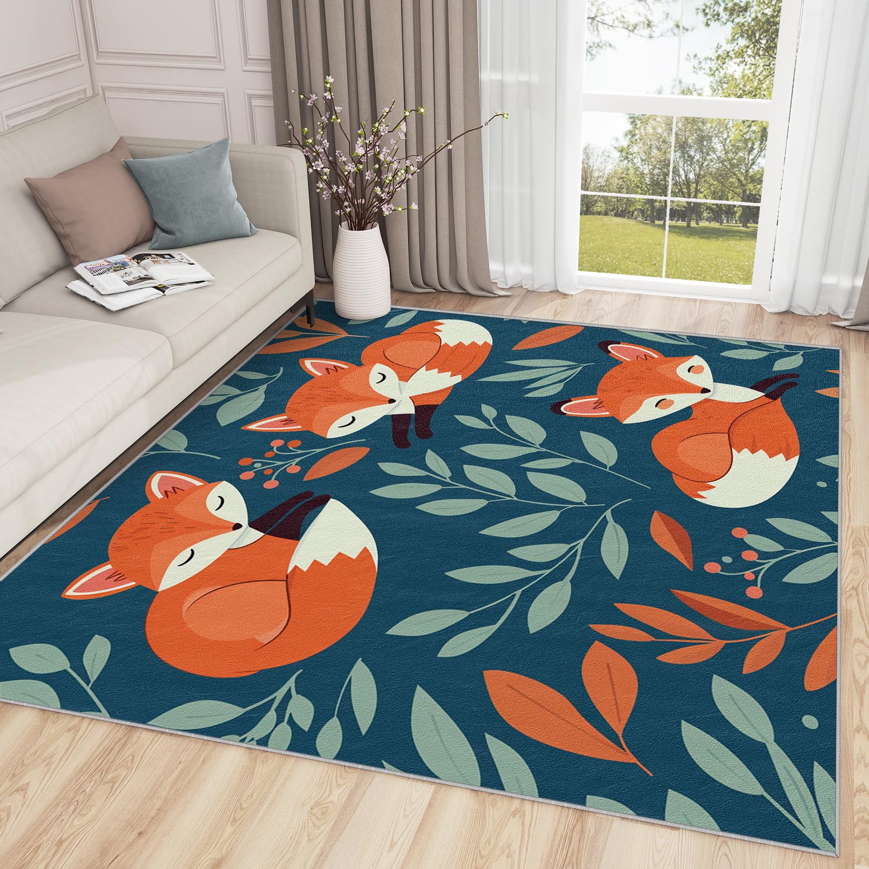 SherAvant Fox Rug for Classroom - 2x3 Rug - Fox Rug - Cartoon Woodland Animal Leaf Area Rug - Kids Nursery Baby Playroom Rugs - Cute Forest Animal Carpet - Fox Home Decor Gifts