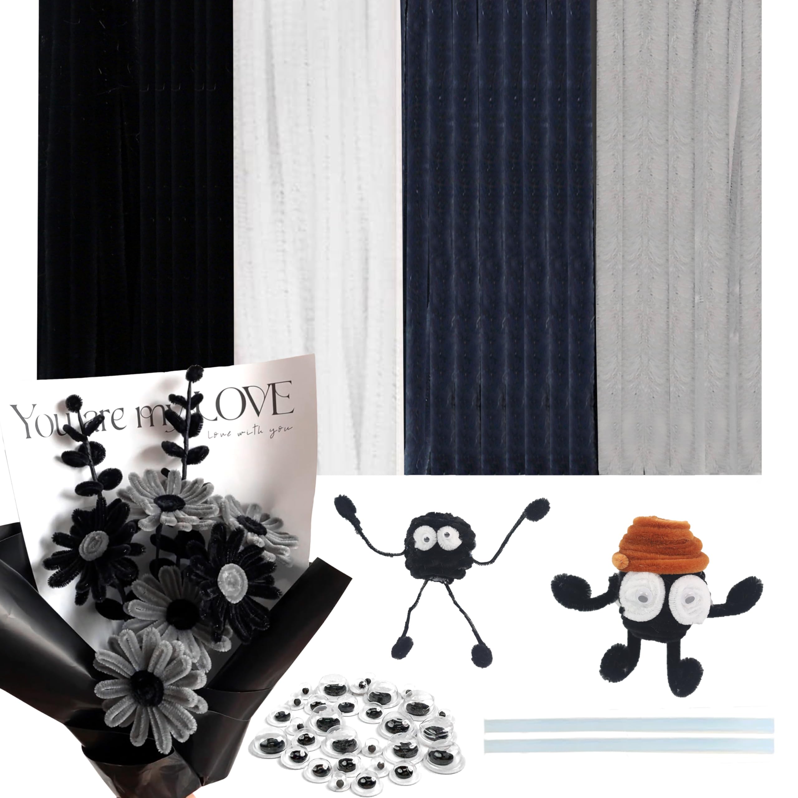 200 Stück Pfeifenreiniger,Schwarz Grau Pfeifenputzer,Pfeifenreiniger Chenilledraht Blumenstäbe,4 Farben,30cm x 6mm Pfeifenputzerdraht,Pipe Cleaner Basteln für Kinder kreative Geschenk