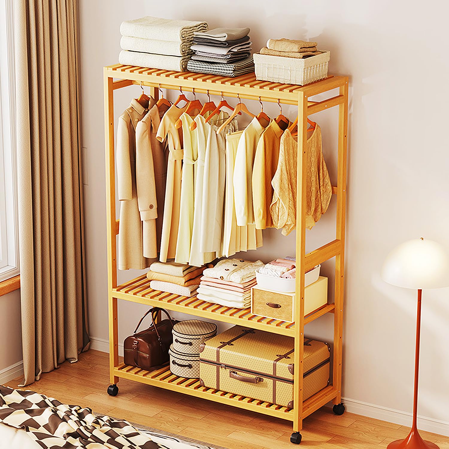 AYCDL Garment Rack for Hanging Clothes, Floor-standing Double Clothing Rack with Shelves and Wheels for Entryway and Bedroom