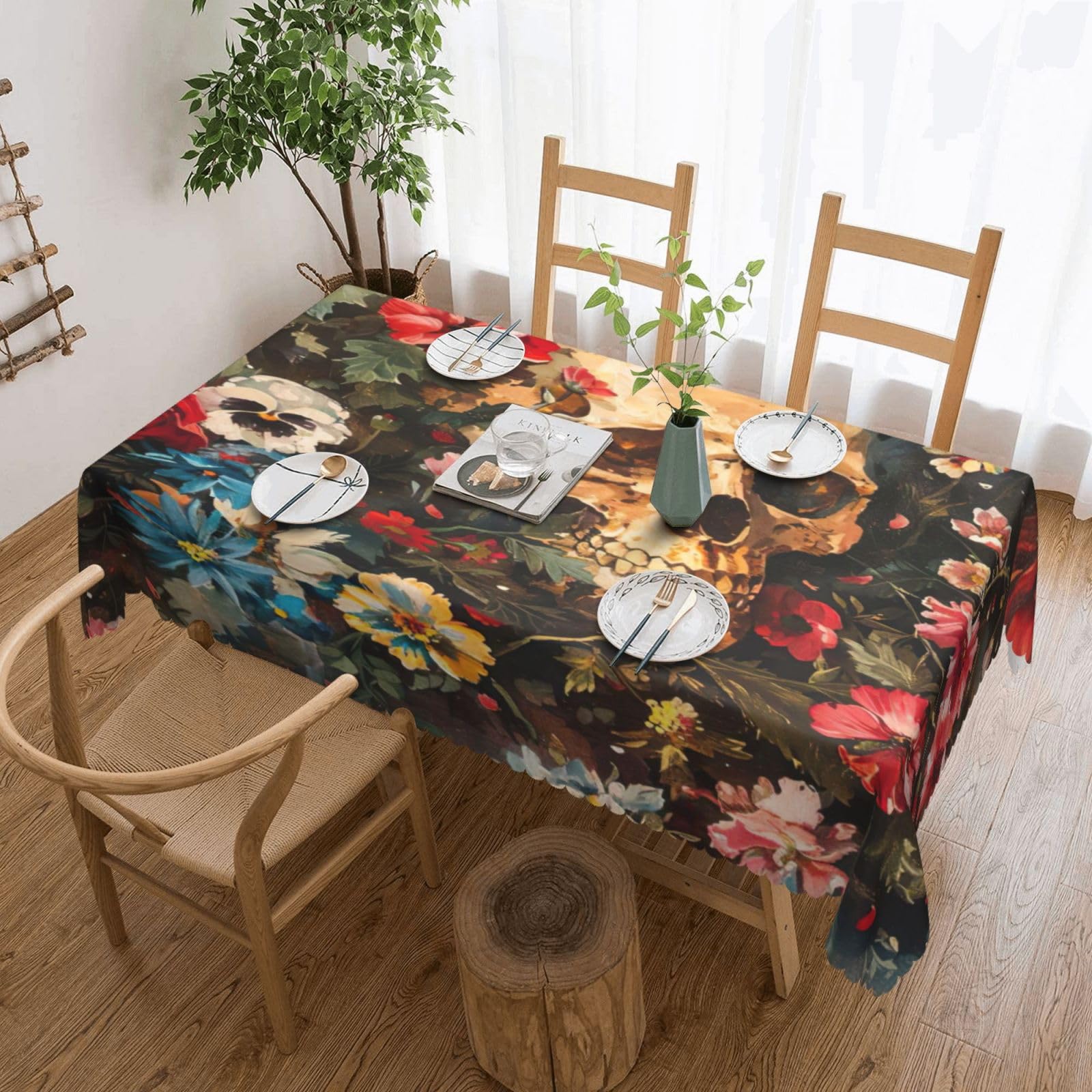 Nappe rectangulaire florale avec crâne pour repas de fête et vacances