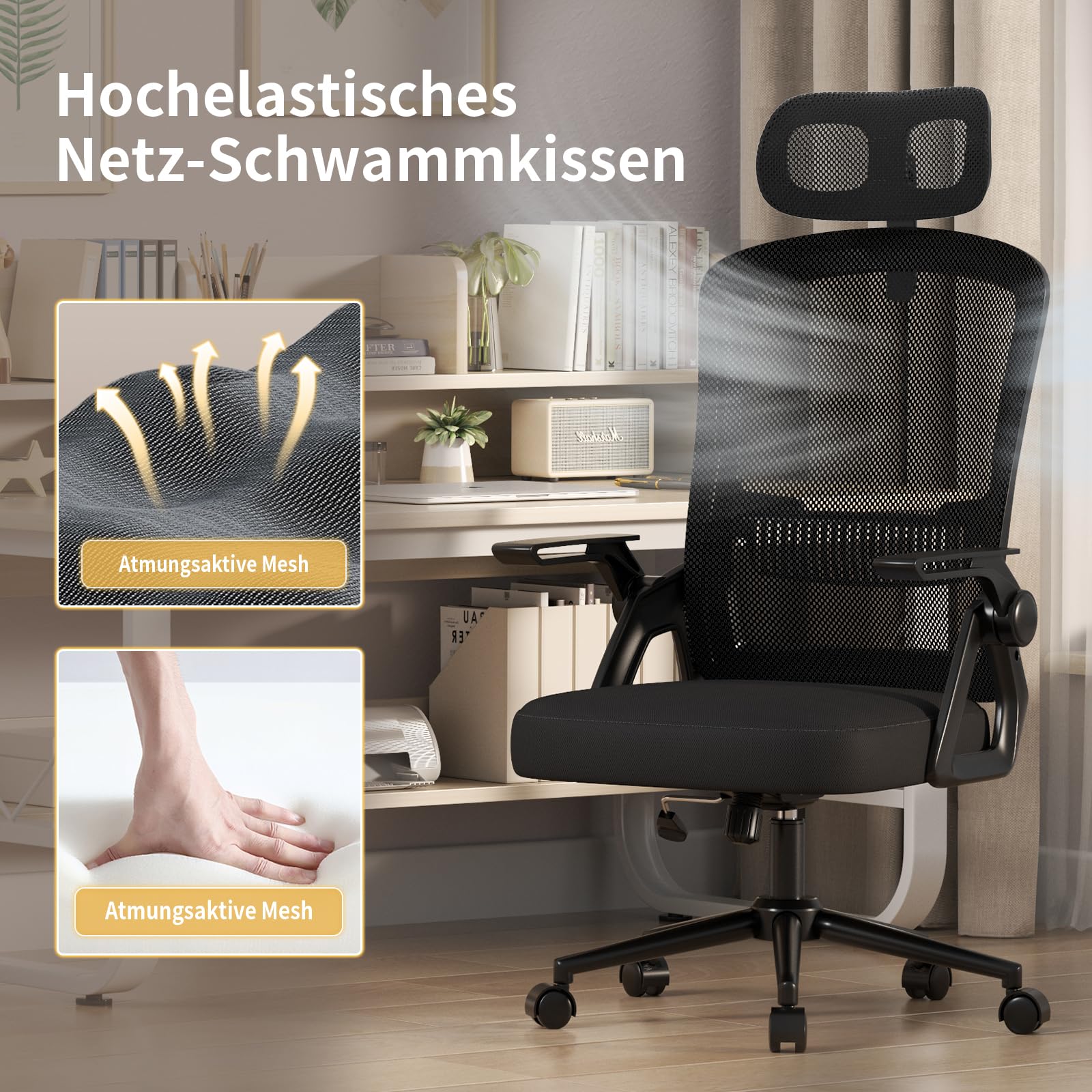 rattantree Schreibtischstuhl Ergonomischer Schwarz für Zuhause Büro | Bürostuhl mit Verstellbaren Kopfstütze Armlehnen, Drehstuhl mit Netzbespannung, Lordosenstütze, Höhenverstellbarer