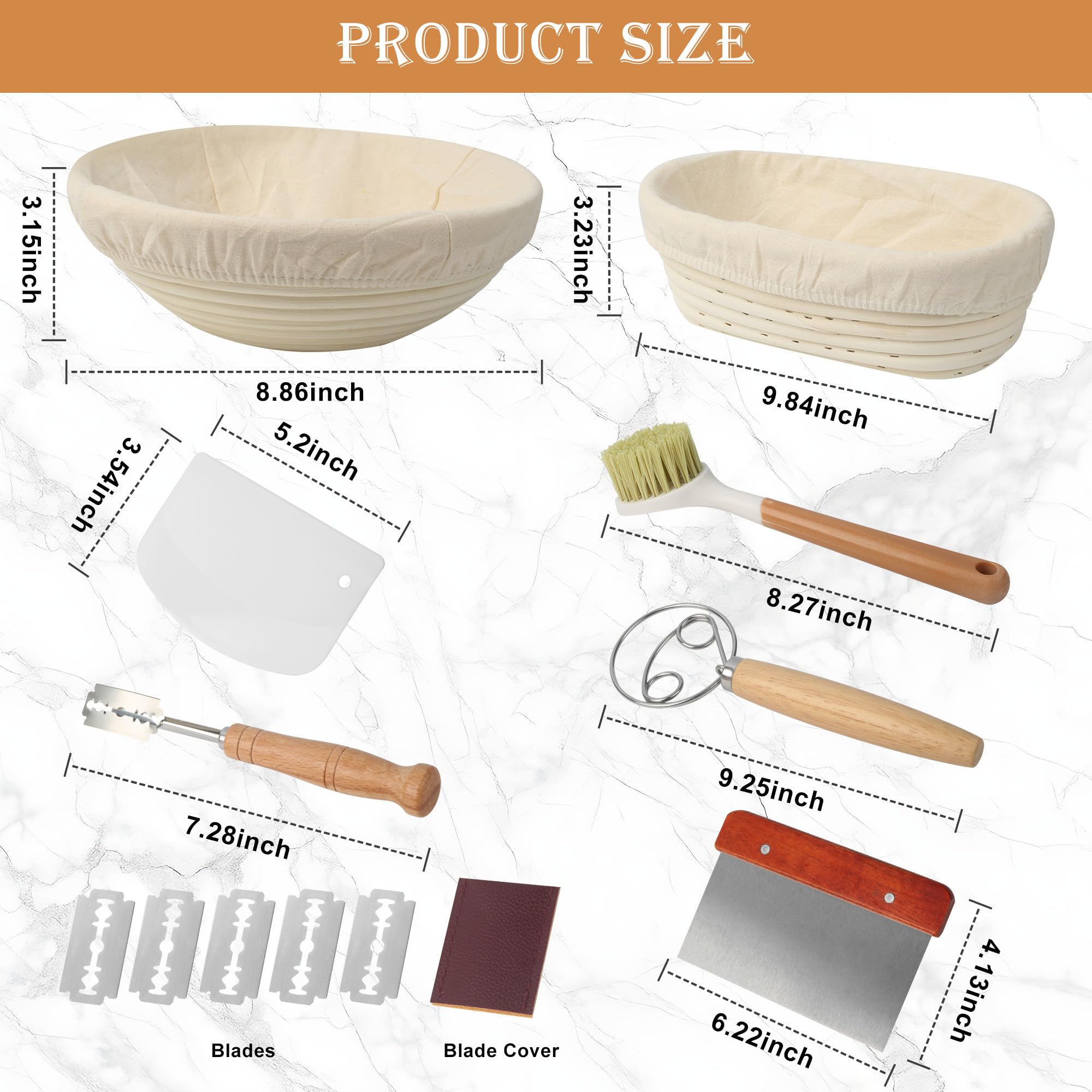 10 Pezzi Cestino Lievitazione Pane Set,Cesto Lievitazione Pane in Rattan Naturale, 23 cm Rotondo +25cm Cestini per Pane,Inclusi Spatola e Pennello da Cucina