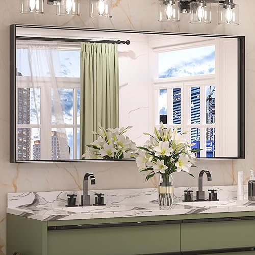 Keonjinn Espejo de baño negro de 48 x 24 pulgadas para colocar sobre el fregadero, espejo de tocador para pared, espejo rectangular con marco de