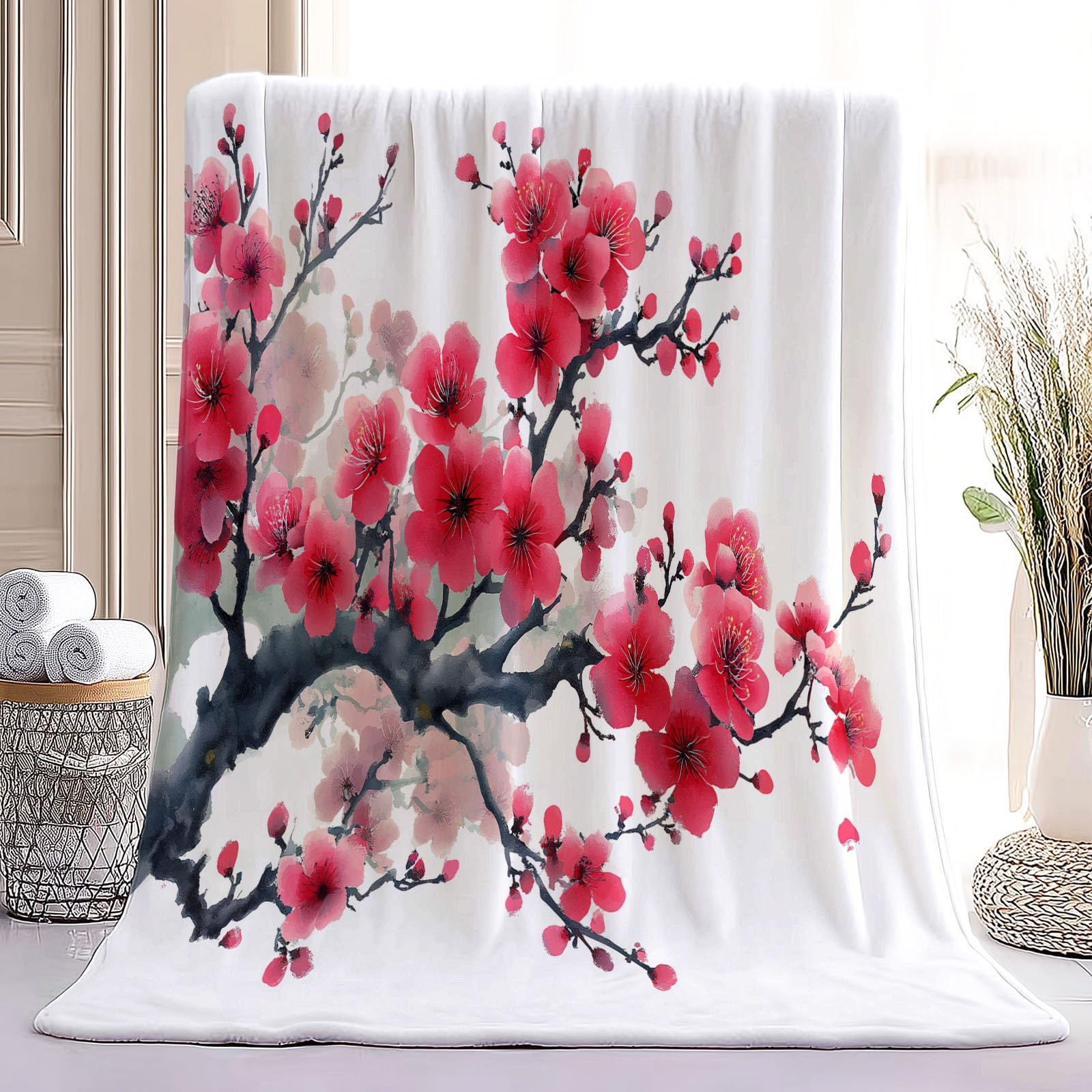 Coperta in pile da 150 x 200 cm, morbida e leggera, con stampa tradizionale orientale, con boccioli di prugna, con stampa a inchiostro, morbida e accogliente, per letto e divano, per viaggi, campeggio