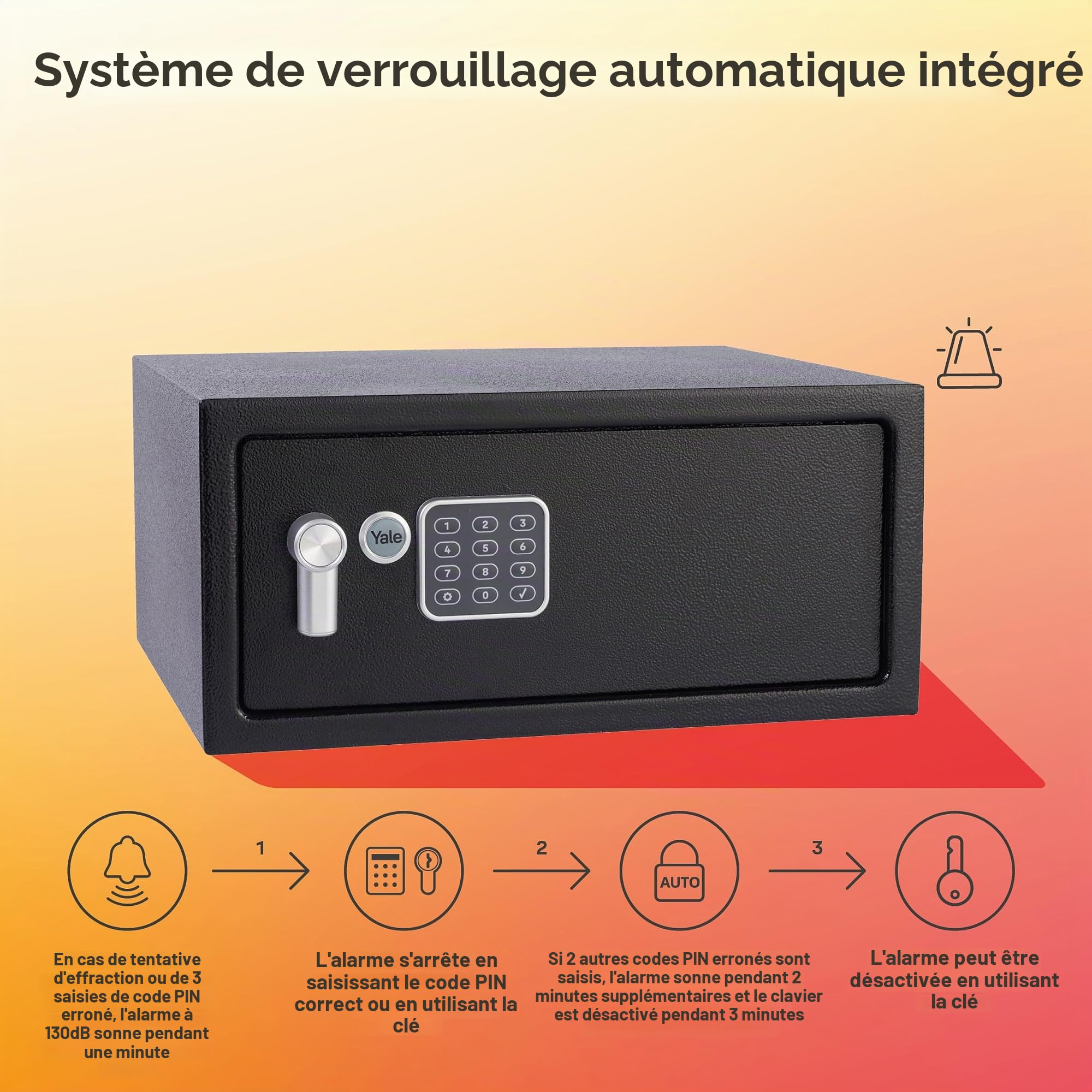 Yale Coffre-Fort Électronique avec Alarme YLC/200/DB2 Protection Standard Code PIN ou Clé Avertisseur 130 dB Installation Murale ou au Sol Pour Ordinateur Portable