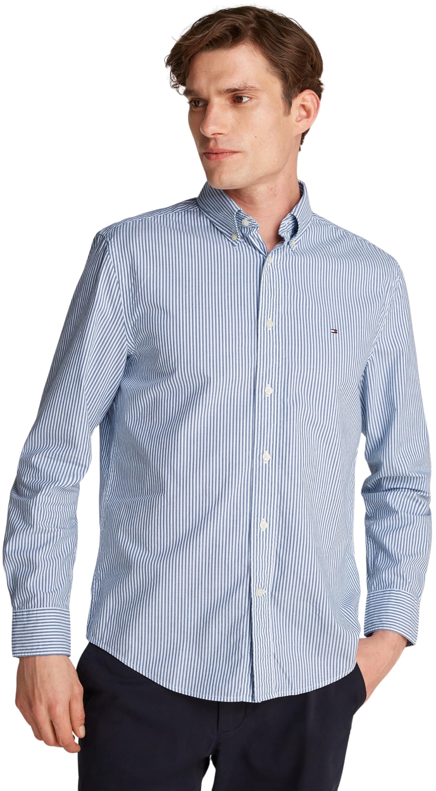 Tommy Hilfiger Herren Hemd Flex Poplin Classic Regular Fit, Mehrfarbig (Wedge Blue/Optic White), XS