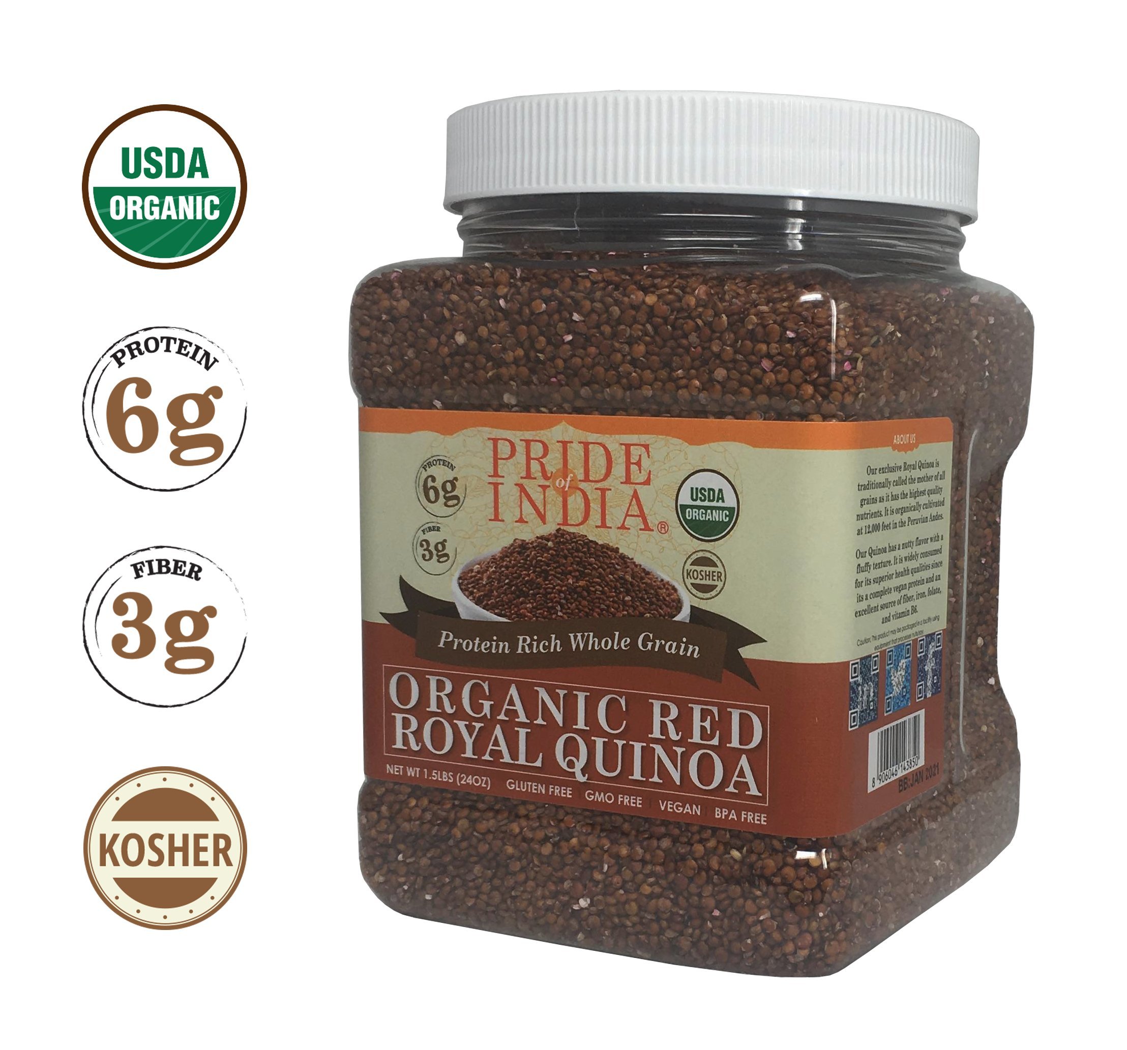 Pride Of India - Natural Red Royal Quinoa - 100% Bolivian Superior Grade Protein Rich Whole Grain, 1.25 Pound (20oz) Jar