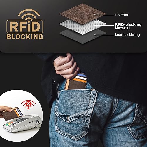 Miniatura 6 de Travelambo - Cartera de piel minimalista con bolsillo frontal tamaño mediano cartela delgada RFID dispositivos de identificación por radiofrecuencia
