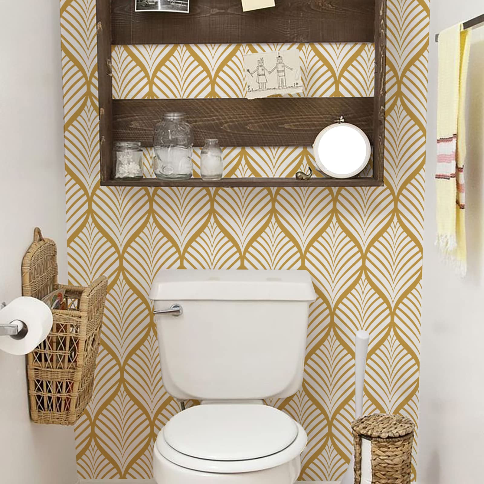 Papel Pintado Moderno Amarillo Adhesivo de Pared Autoadhesivo Impermeable con Diseño Geométrico de Rayas Doradas Para Baño Sala de Estar Dormitorio Decoración de Puerta de Cocina 44,5x1000cm