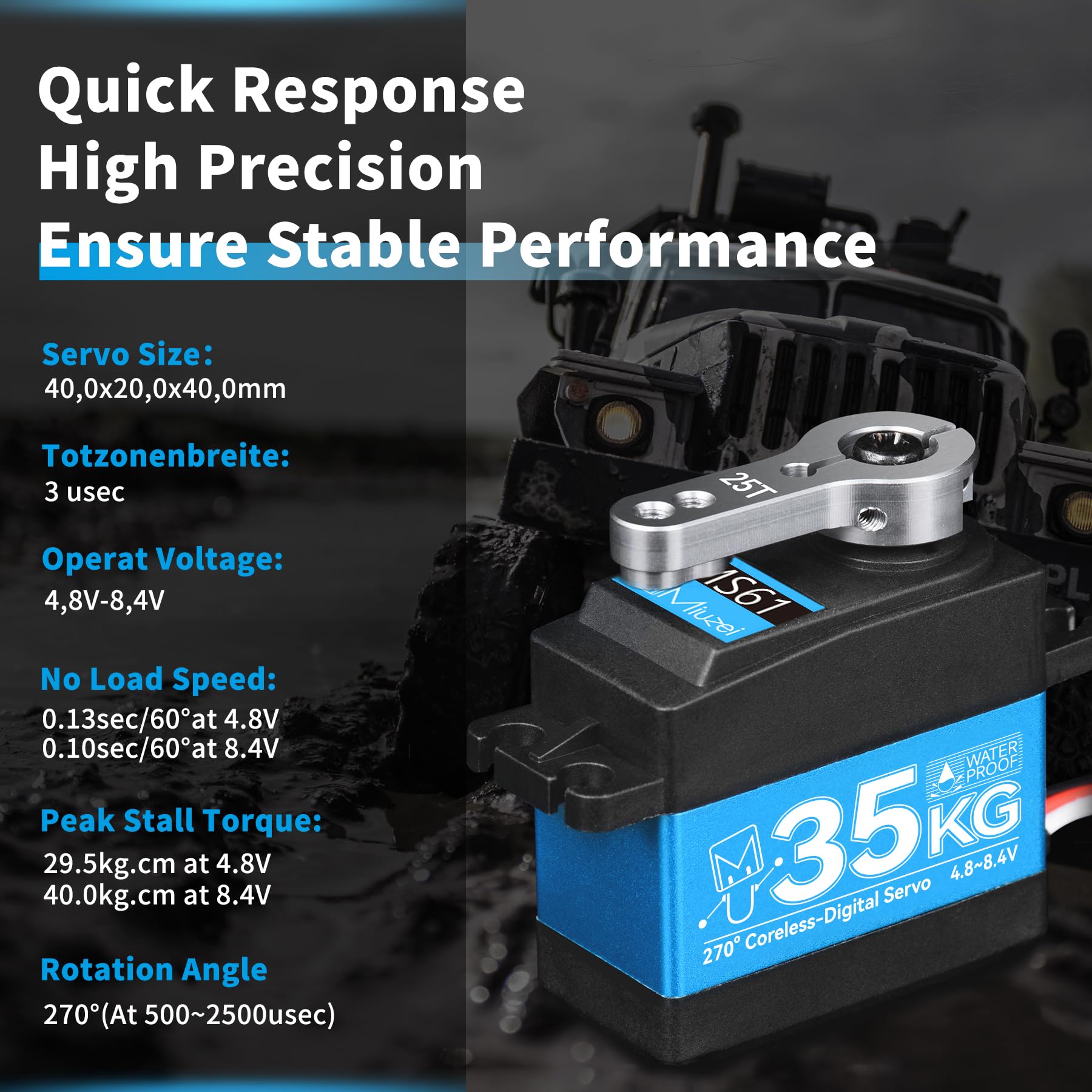 Miuzei Servo 35 kg 270° RC Digital Servomotor impermeable metal engranaje motor modelado para coche 1/10 1/8 robot brazo avión 8,4 V alta velocidad Torque Micro servo de dirección con cable 25T