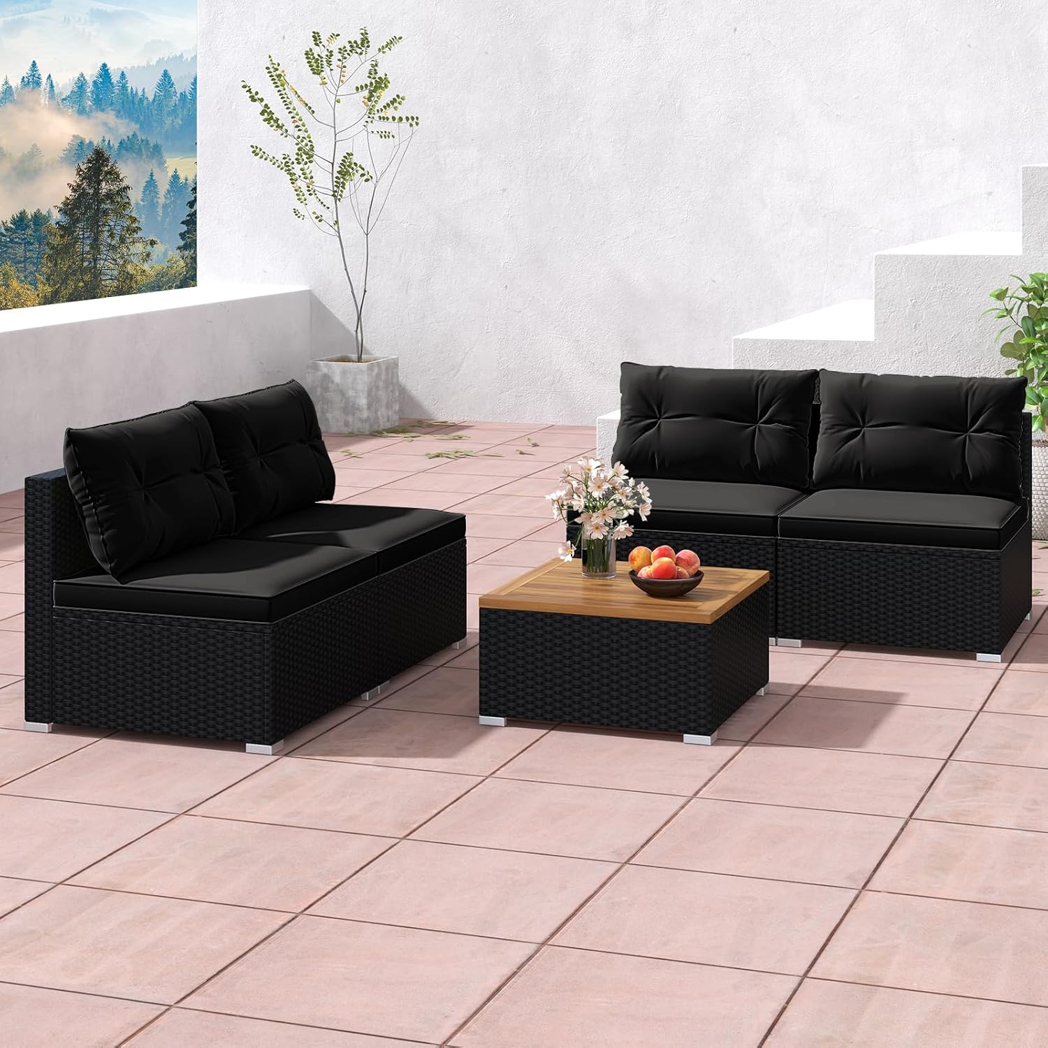 Tangkula 5 Piece Rattan Sofa Set, Outdoor Wicker Furniture Set w/Seat & Back Cushions, Square Coffee Table, Patio Sofa Set for Backyard, Poolside (Black)