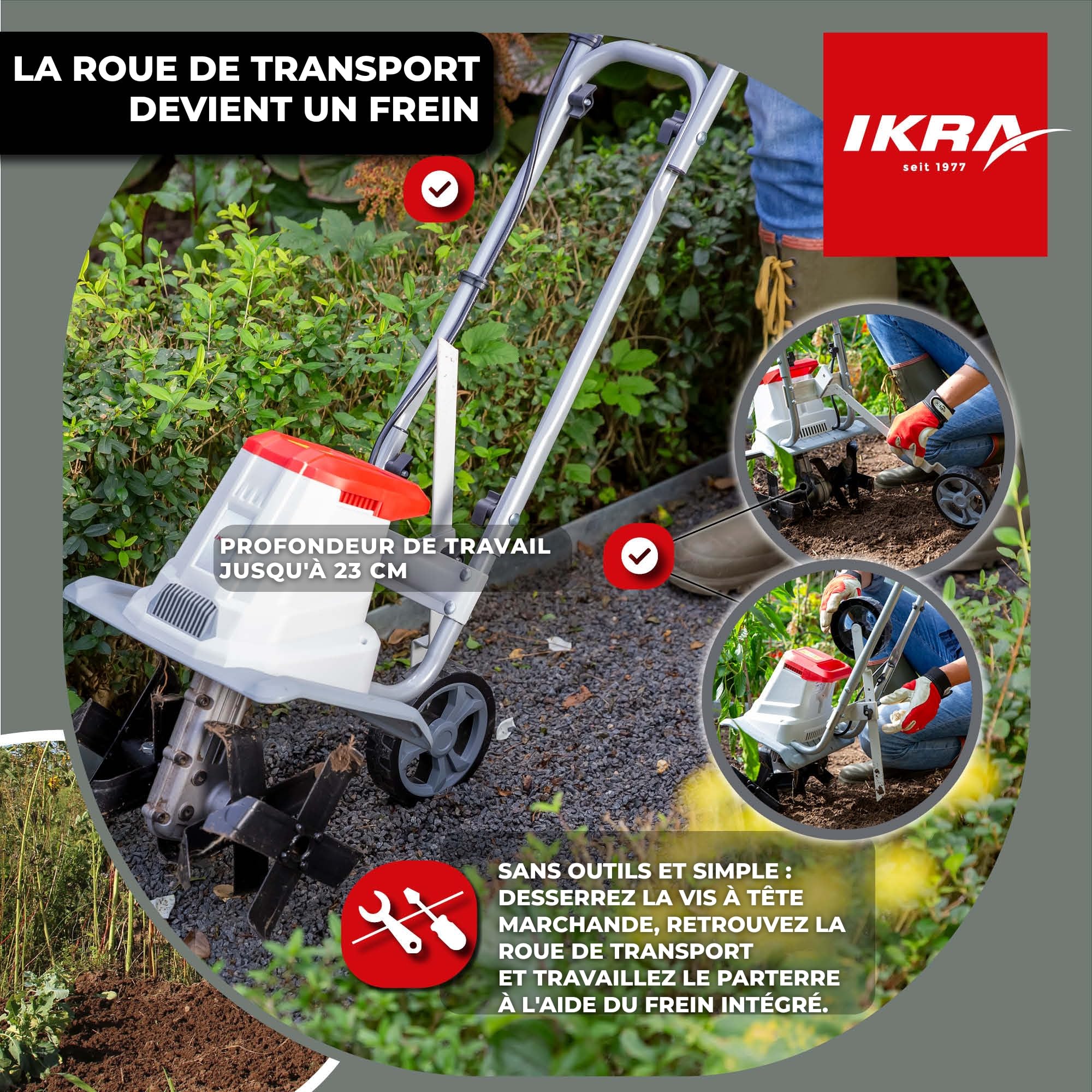 IKRA motoculteur électrique IET 1030, Largeur 30 cm, Profondeur 20 cm | 1080 W, talon de frein, roue de transport, pliable pour un rangement peu encombrant, protection contre les surcharges