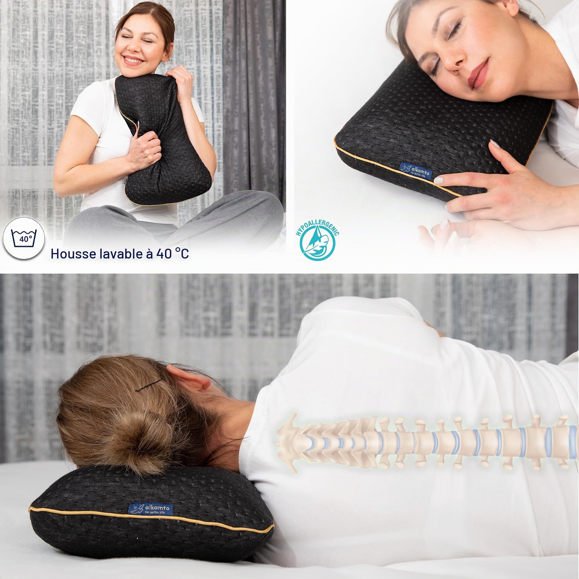 alkamto Coussin de Voyage - Coussin de Camping Ergonomique en Mousse à mémoire de Forme - avec Housse thermorégulatrice - Certifié Oeko-Tex Made in Green - 40 x 25 x 10 cm - Noir