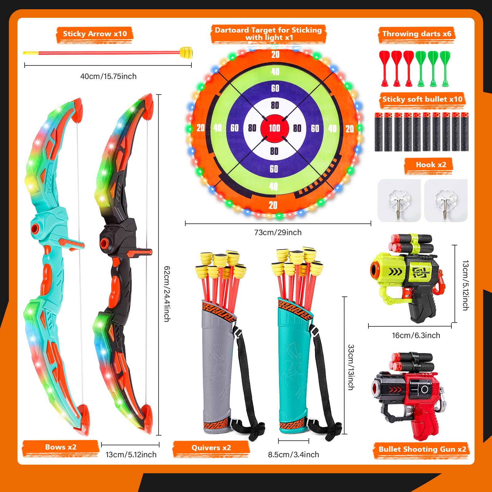 Set di Arco e Frecce per Bambini, Set di tiro con Arco a LED con Grande Bersaglio per Bambini. Include 10 frecce adesive, faretra, 10 proiettili in Velcro, 6 Freccette, ECC.