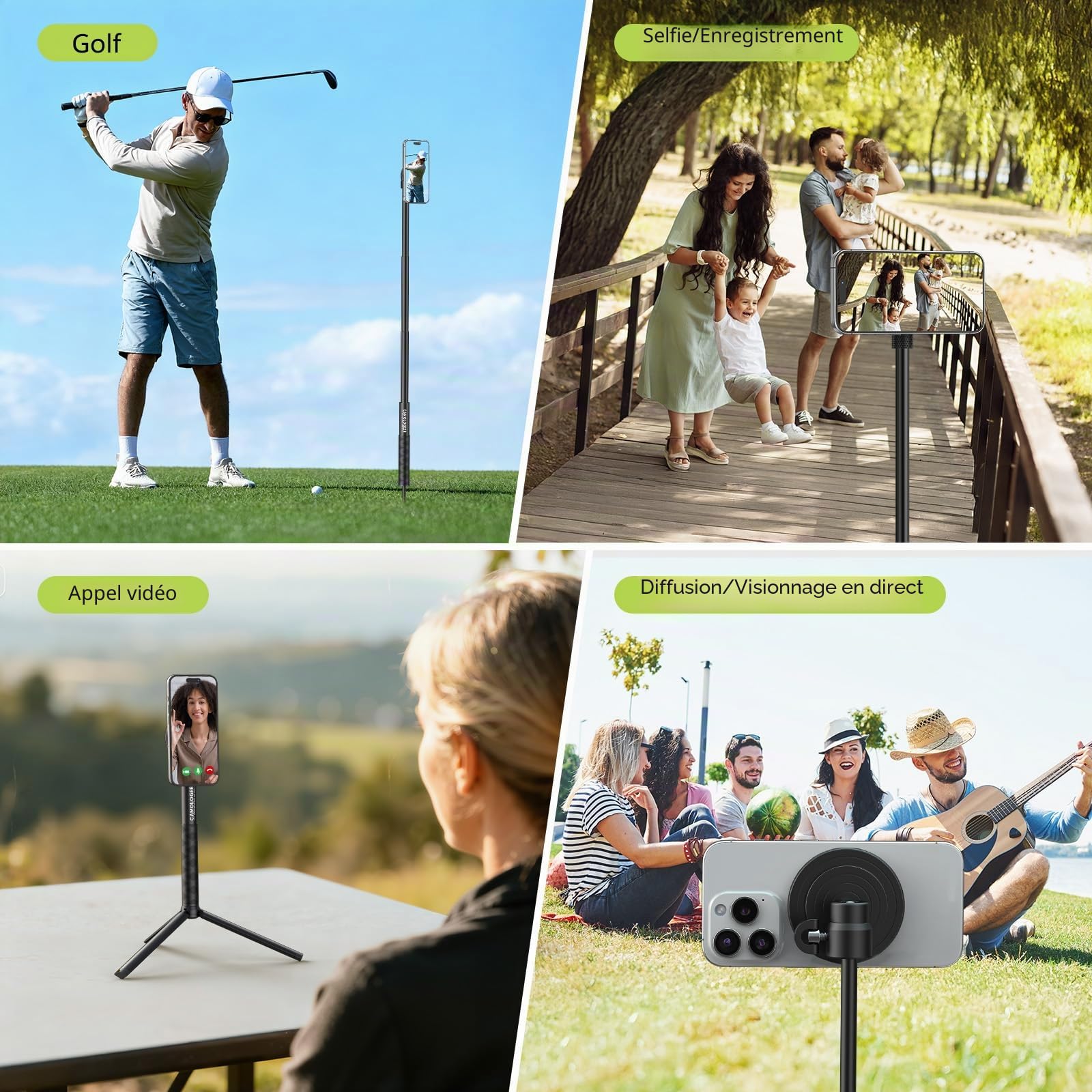 CAMOLOGEEK Monopode et trépied Perche à selfie pour enregistrer le golf Swing Entraînement Aide à l'entraînement avec piquet de terre et adaptateur pour GoPro et vis 6,35 mm, support magnétique de