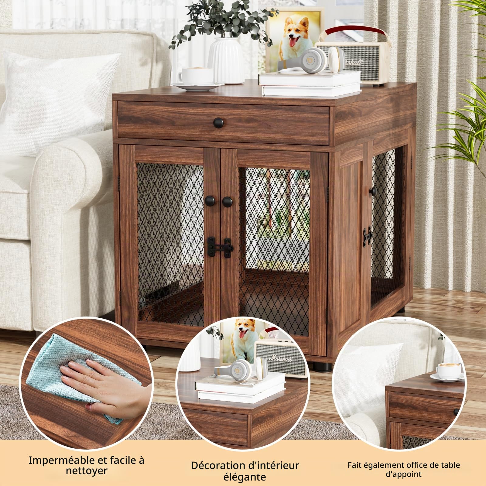 VOWNER Cage pour chien - Meuble d'intérieur - En bois - 3 portes - Avec tiroir - Niche moderne comme table d'appoint - 60 x 80 x 69 cm - Pour les chiens de petite/moyenne taille à la maison de moins