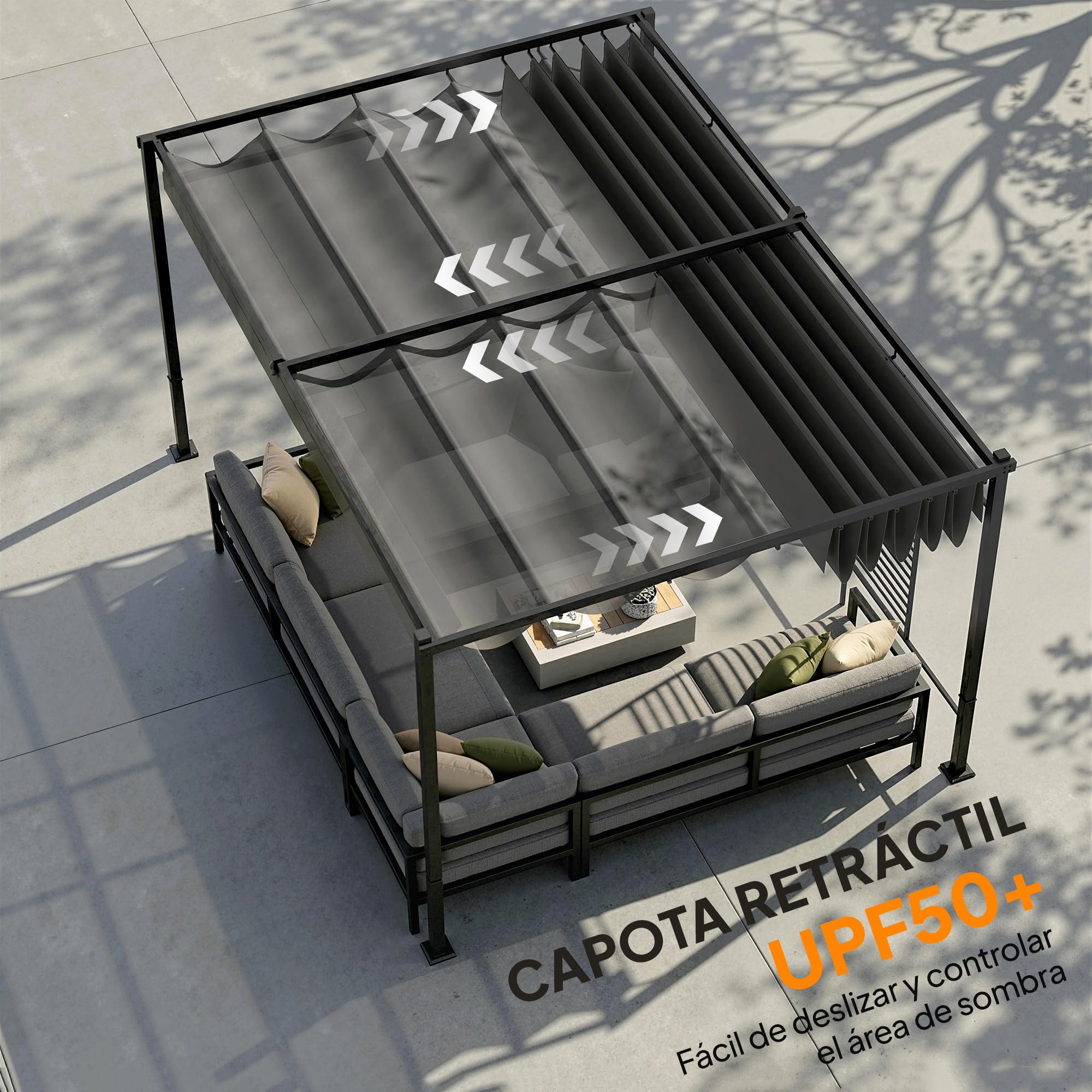 Outsunny Pérgola de Jardín 4x3 m con Techo Retráctil y 2 Paneles de Privacidad Fijos, Cenador de Jardín con Protección UPF50+, Drenaje, Estructura Metálica, Pabellón para Exterior, Gris Oscuro