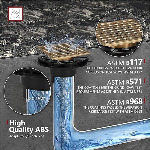 Miniatura 6 de Uni-Green Drenaje de ducha de bronce champán de 4-14 pulgadas, kit de drenaje de ducha cuadrado dorado con brida ABS para tubo de 2 o 3 pulgadas,