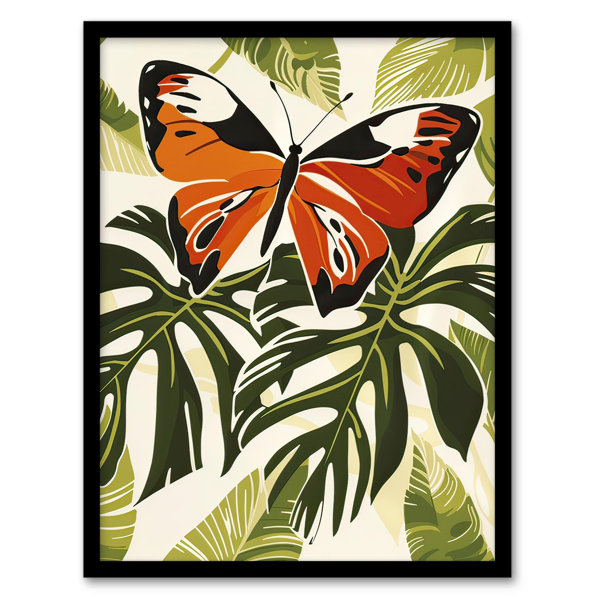 Orange Monarch Butterfly Framed Art Print - Monstera Plant Design - A4 Size - Green