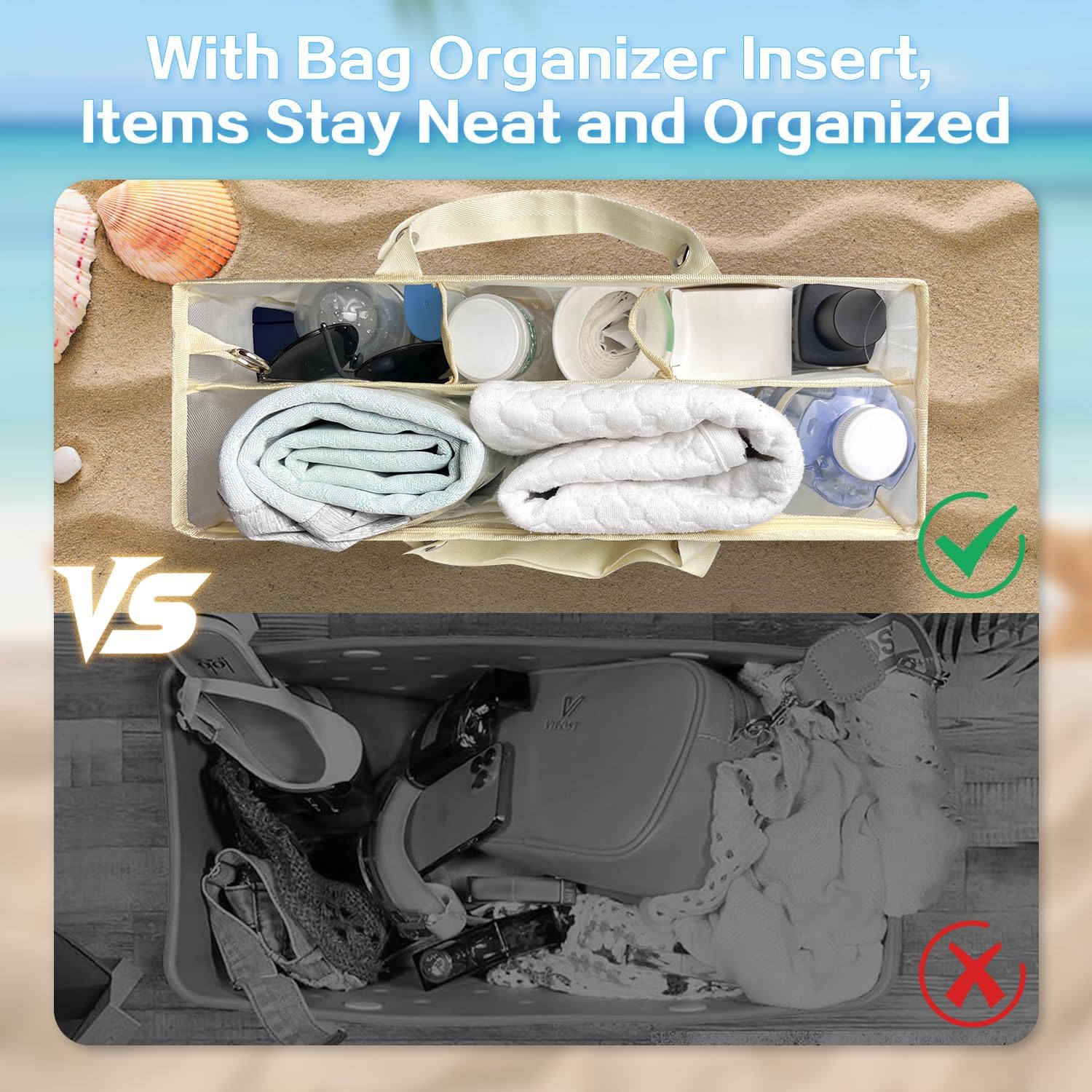 XYFuuee Beach Bag Organizer Inserts for Baby Medium Bogg Bag Accessories with 8 Removable Metal Fasteners, Lightweight Mesh Insert Divider Pouch, Organizing Rubber Tote, Save Storage Space, Khaki M - Image 3