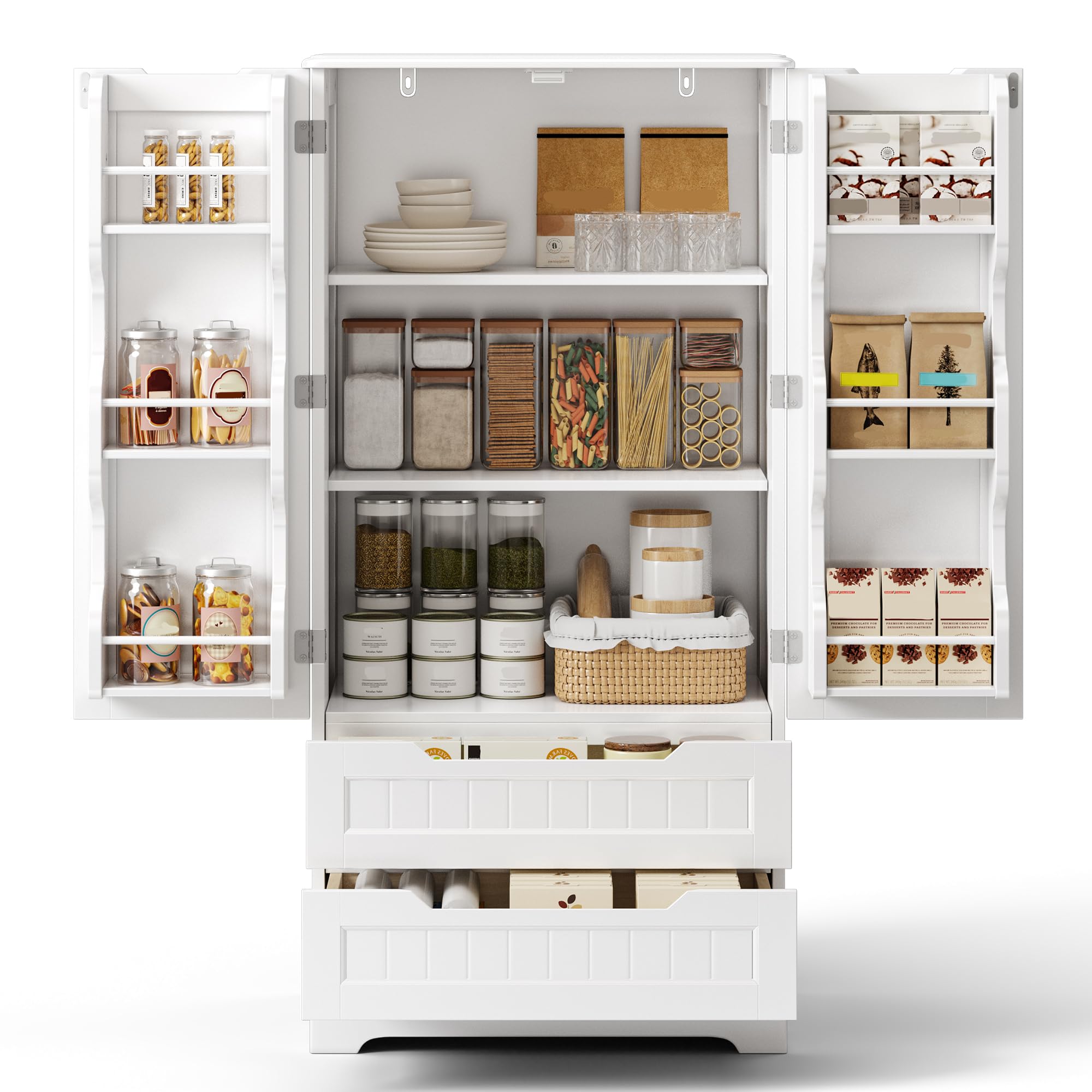 Bealife Hochschrank, Küchenbuffet mit 2 Schubladen und 2 Türen, Freistehender Küchenschrank für Küche, Esszimmer und Wohnzimmer, Weiß