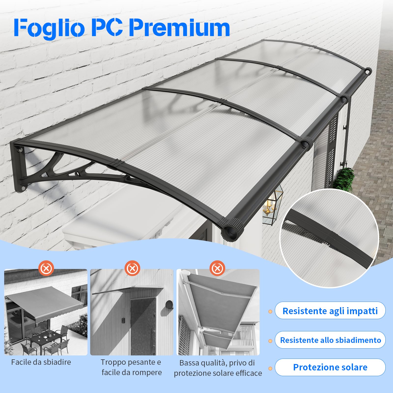 Pensilina da Esterno 150x80 cm in Policarbonato con Grondaia Integrata,Baldacchino Tettoia per Porta,Finestra e Veranda,con Protezione UV,Antipioggia e Antineve