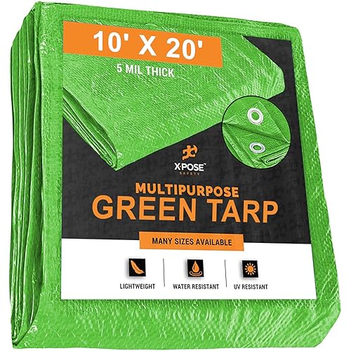 Multipurpose Protective Cover Green Poly Tarp 10' x 20' - Durable, Water Resistant, Weather Resistant - 5 Mil Thick Polyethylene - by Xpose Safety