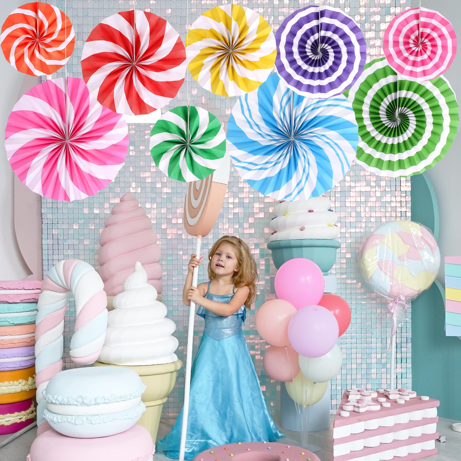 9 Pcs Candyland Party Decorations Paper Fans Candyland Themed Classroom Decorations Lollipop Hanging Paper Fans for Christmas Sweet Candy Birthday Wedding Party Supplies