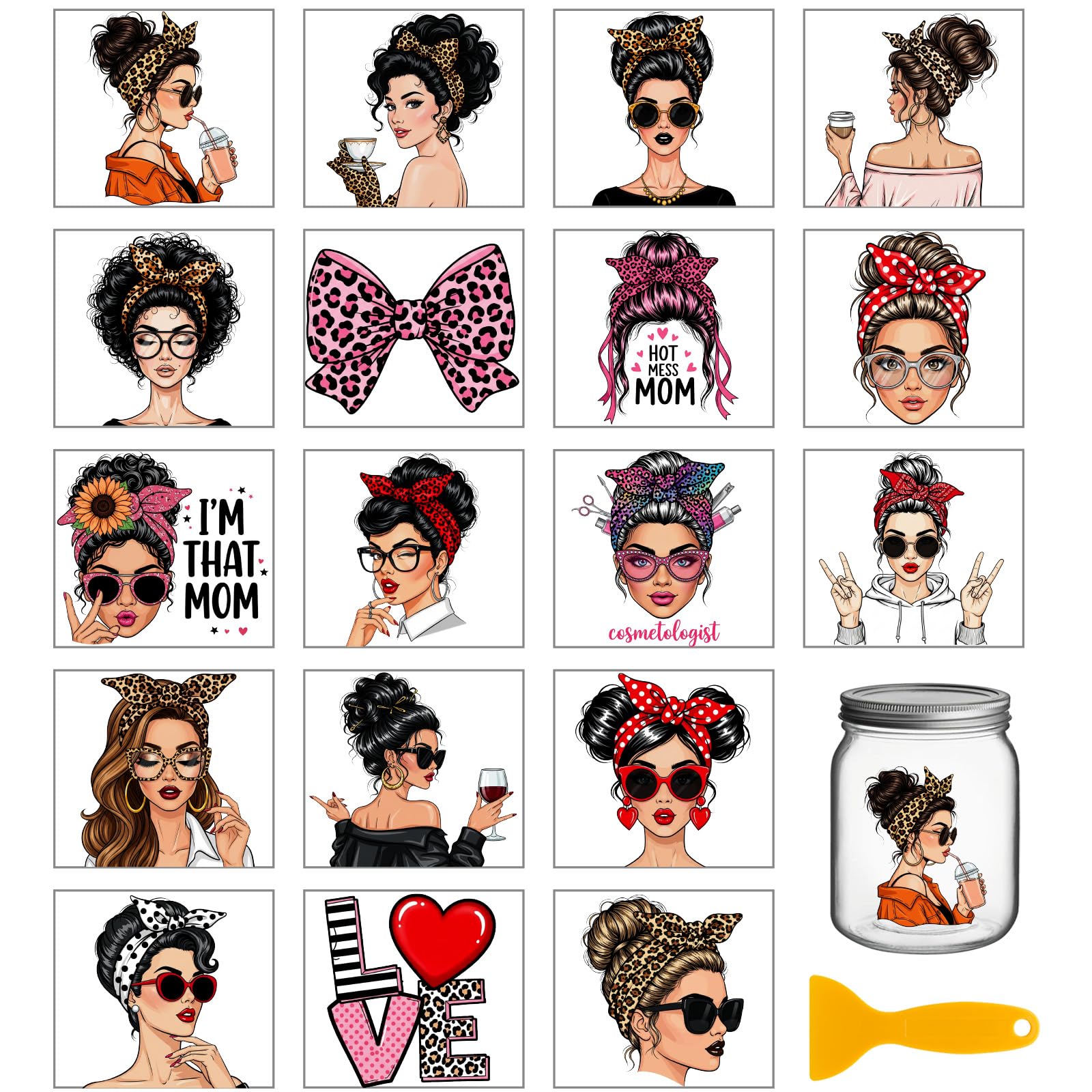 GLOBLELAND 18 Sheets Fashionable Women Rub on Transfers Sticker for Vase 3.9x3.6inch Spotted Bows UV DTF Cup Wraps Decals Colorful Glasses Mom Transfer Stickers for Furniture Glass Bottle Decors