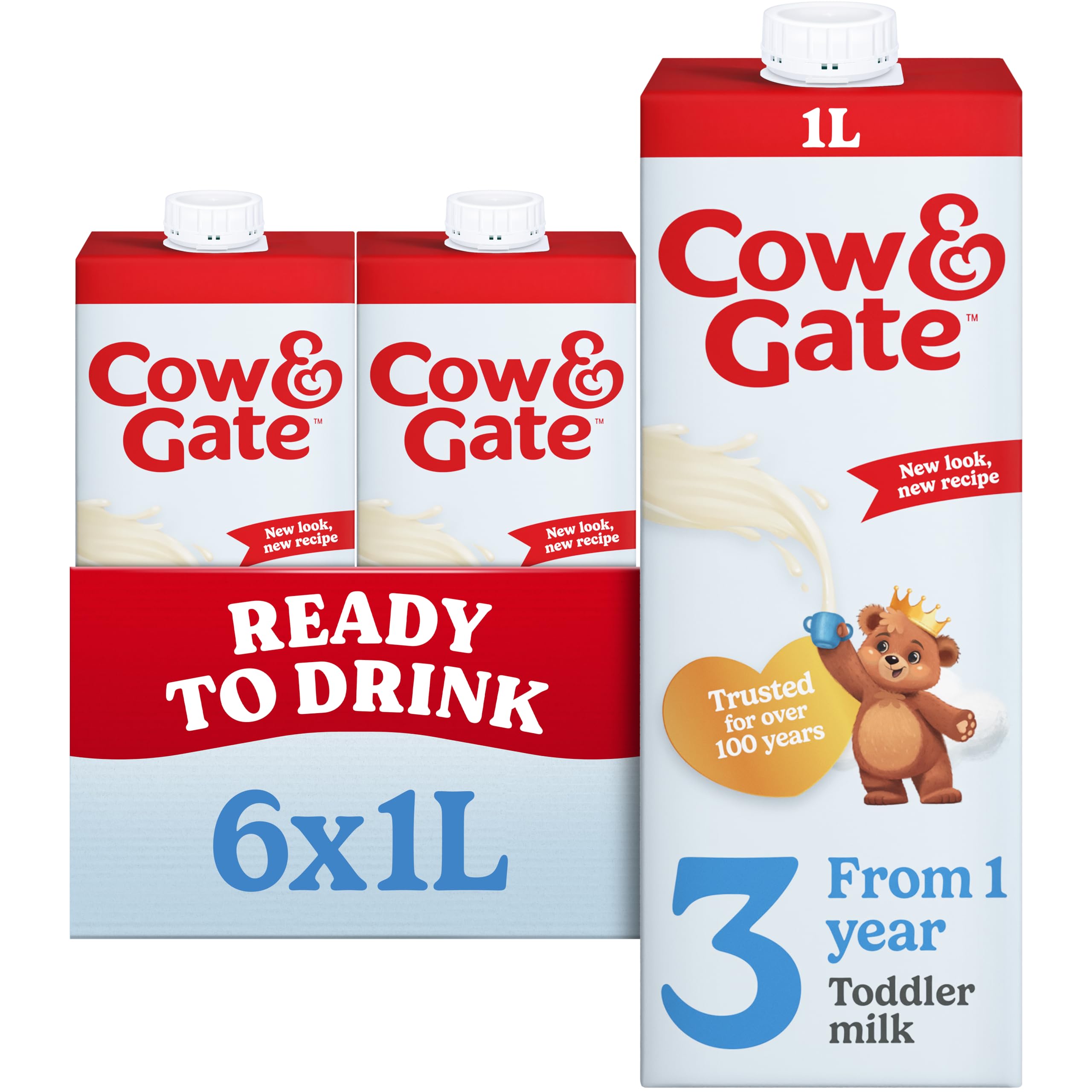Cow & Gate 3 Toddler Baby Milk Ready to Use Liquid Formula, 1-3 Years, 1 L (Pack of 6) - Packaging May Vary