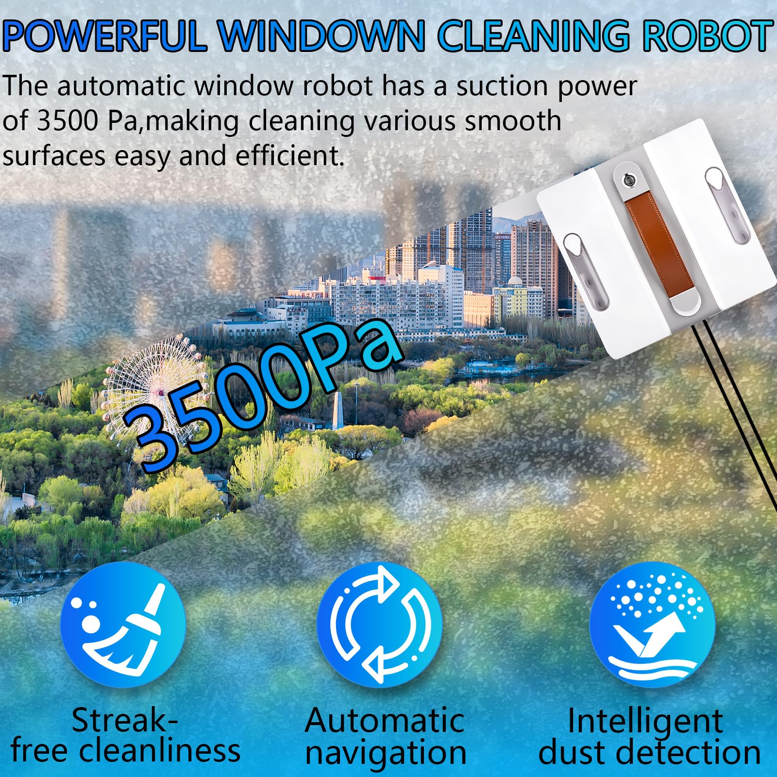 Fensterputzroboter, 3500Pa Fensterreiniger Elektrisch mit Automatische Doppel-Sprühfunktion, 3 Reinigungsmodi, Intelligente Navigation, Kantenerkennung, Fernbedienung und 6 Reinigungstücher