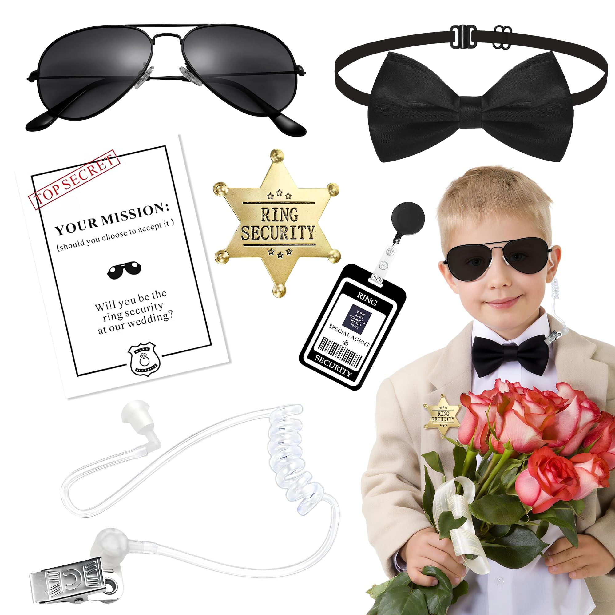 Ring Security Wedding Accessory Set, Novelty Page Boy Fancy Dress Accessories Ring Bearer Proposal Prop Secret Agent Spy Theme Outfit with Badge Sunglasses Earpiece Bow Tie Funny Party Favours