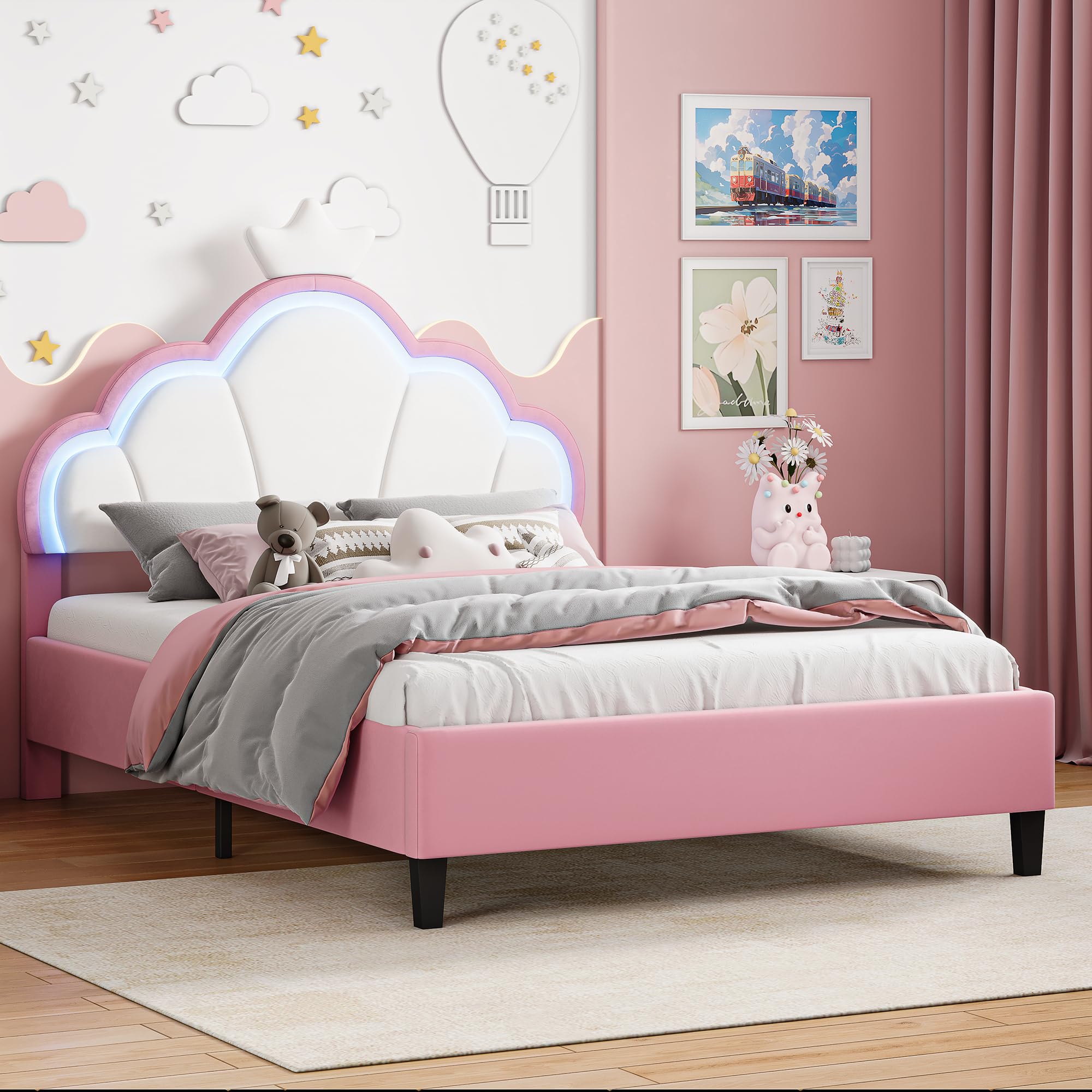 Letto imbottito 140x190 cm per ragazze, struttura letto per bambini con testata regolabile Crown e rete a doghe, letto da principessa, letto matrimoniale per bambini e adolescenti, senza