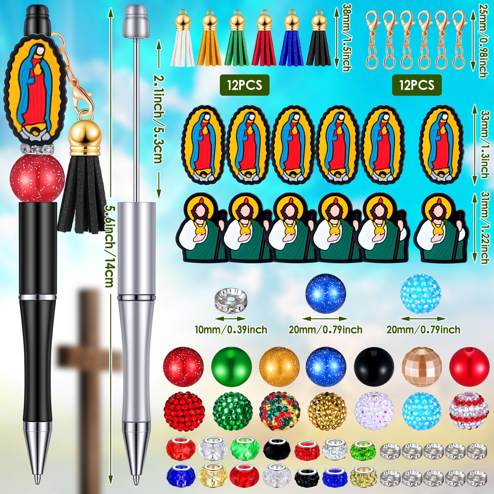 Colarr 12 Sets Jesus Beadable Pens Bulk with Colorful Tassels Clasps and Beaded DIY Religious Pen Making Kit — view 3