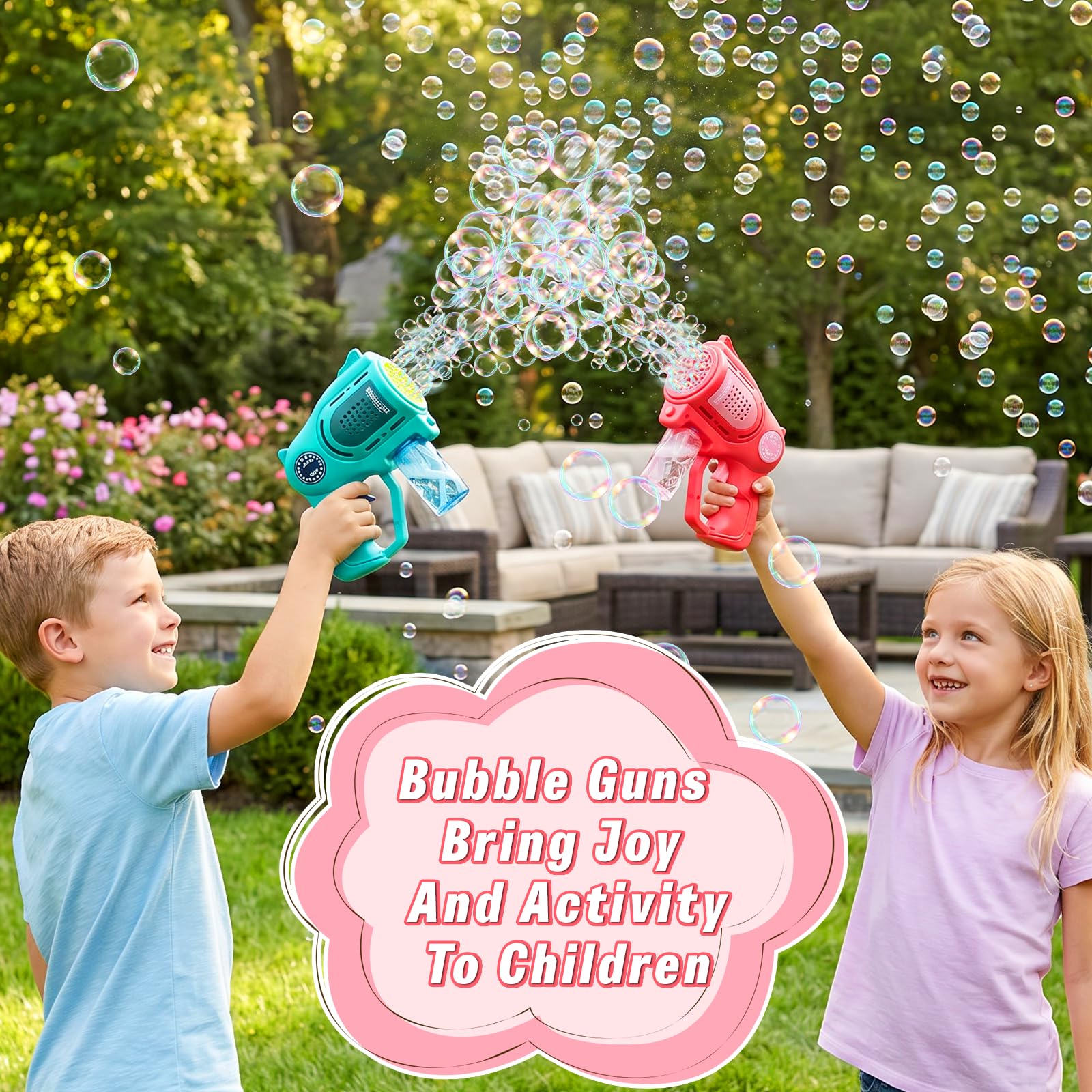 2 Piezas Pistolas de Burbujas para Niños, pompas de jabon niños con 2 x 100ml Solución de Recarga de Burbujas e Lámpara LED, Juguete de Verano para Actividades al Aire Libre, Fiestas y Bodas