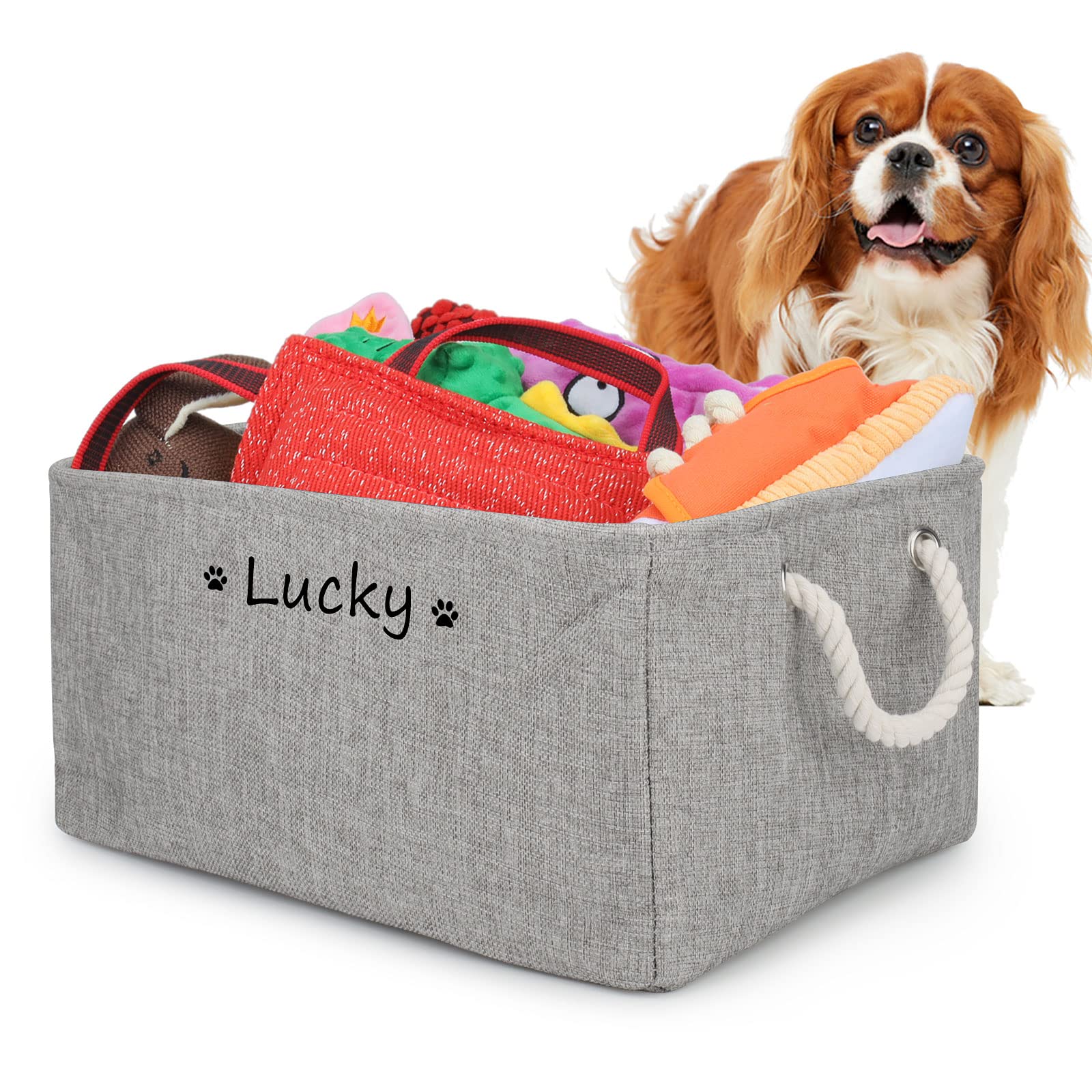 Cuperay Dog Toy Box Basket Storage with Personalized Pet's Name, Foldable puppy toy Bin with Cotton Handle, for Organizing Dog Toys,Dog Clothing & Accessories,Multiple Custom Patterns Optional(Gray)