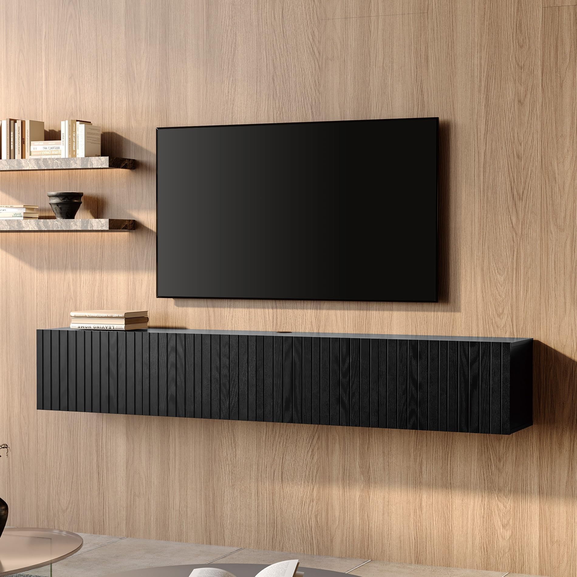 WAMPAT Floating TV Stand, Wall Mounted Shelf, Modern Floating Entertainment Center with 4 Fluted Flip-Down Doors, 70" Large Storage Media Console Wall Unit for Living Room,Bedroom, Black